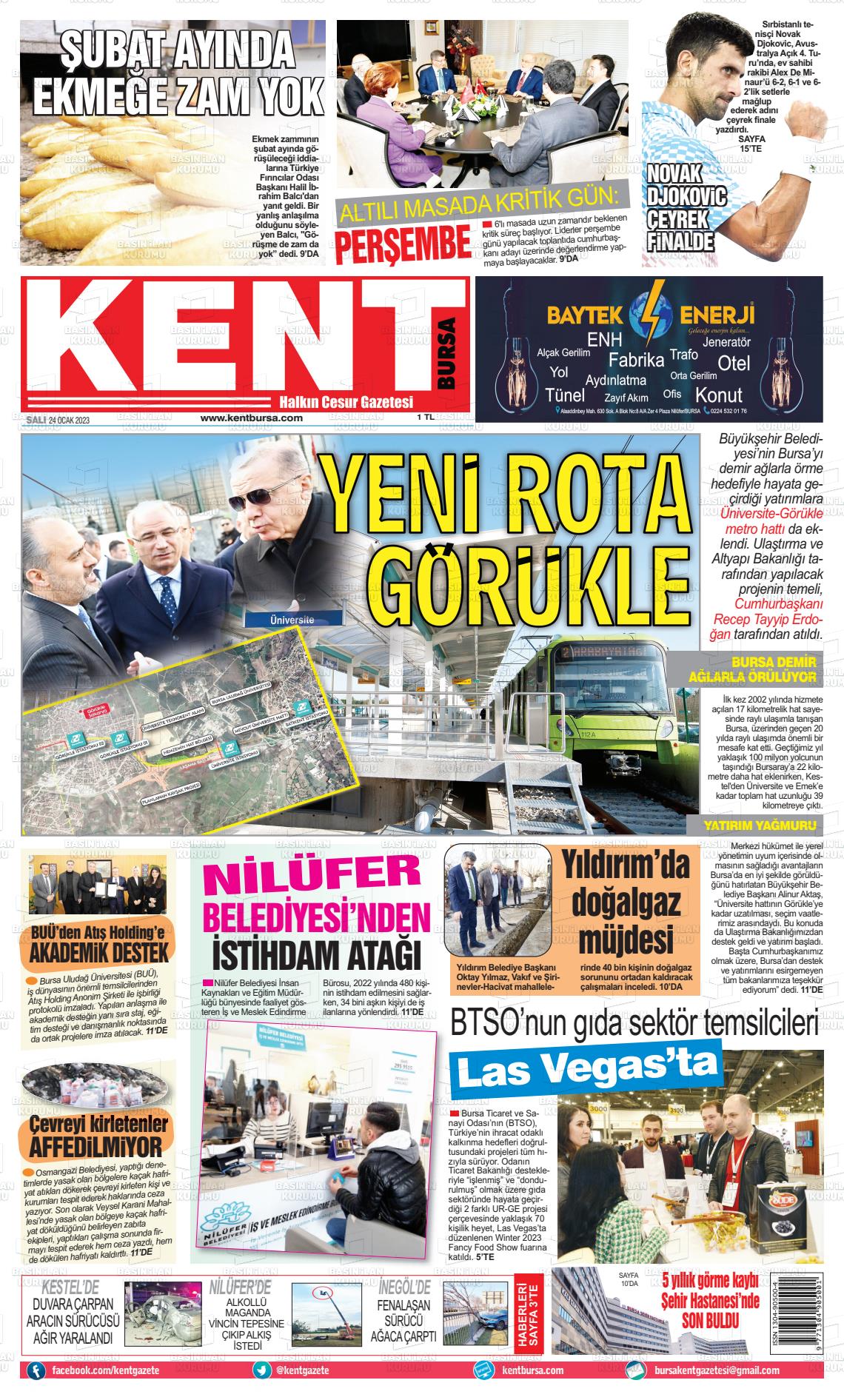 24 Ocak 2023 Kent Gazete Manşeti