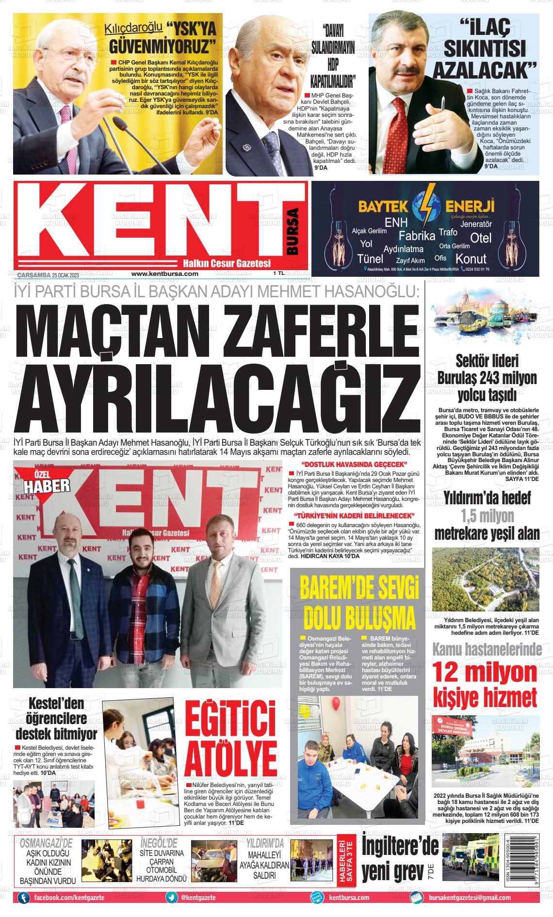 25 Ocak 2023 Kent Gazete Manşeti