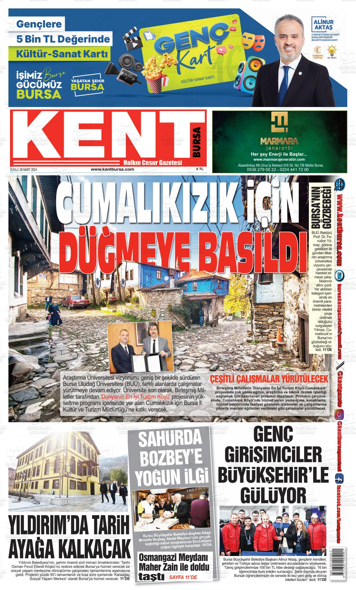 26 Mart 2024 Kent Gazete Manşeti