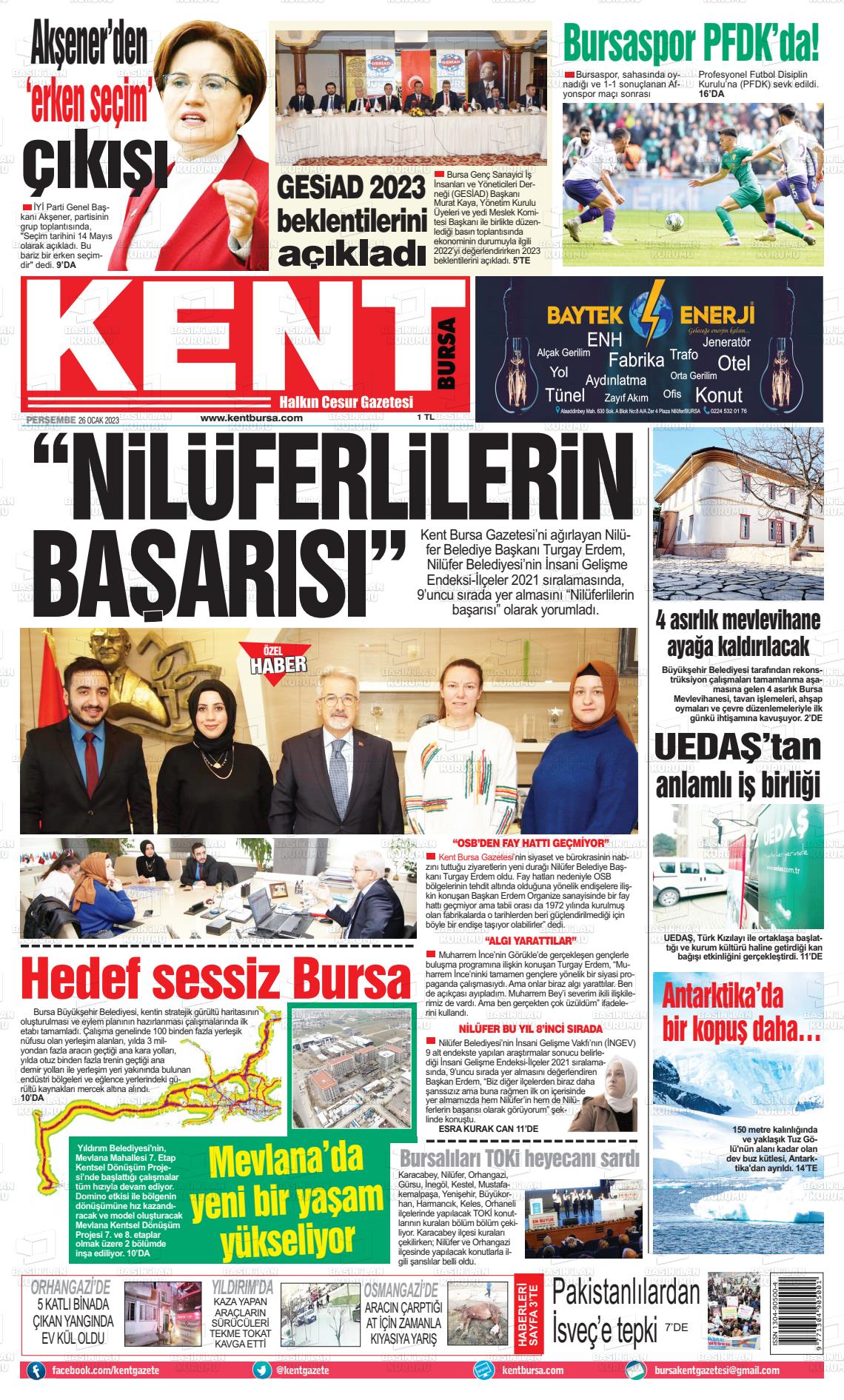 26 Ocak 2023 Kent Gazete Manşeti