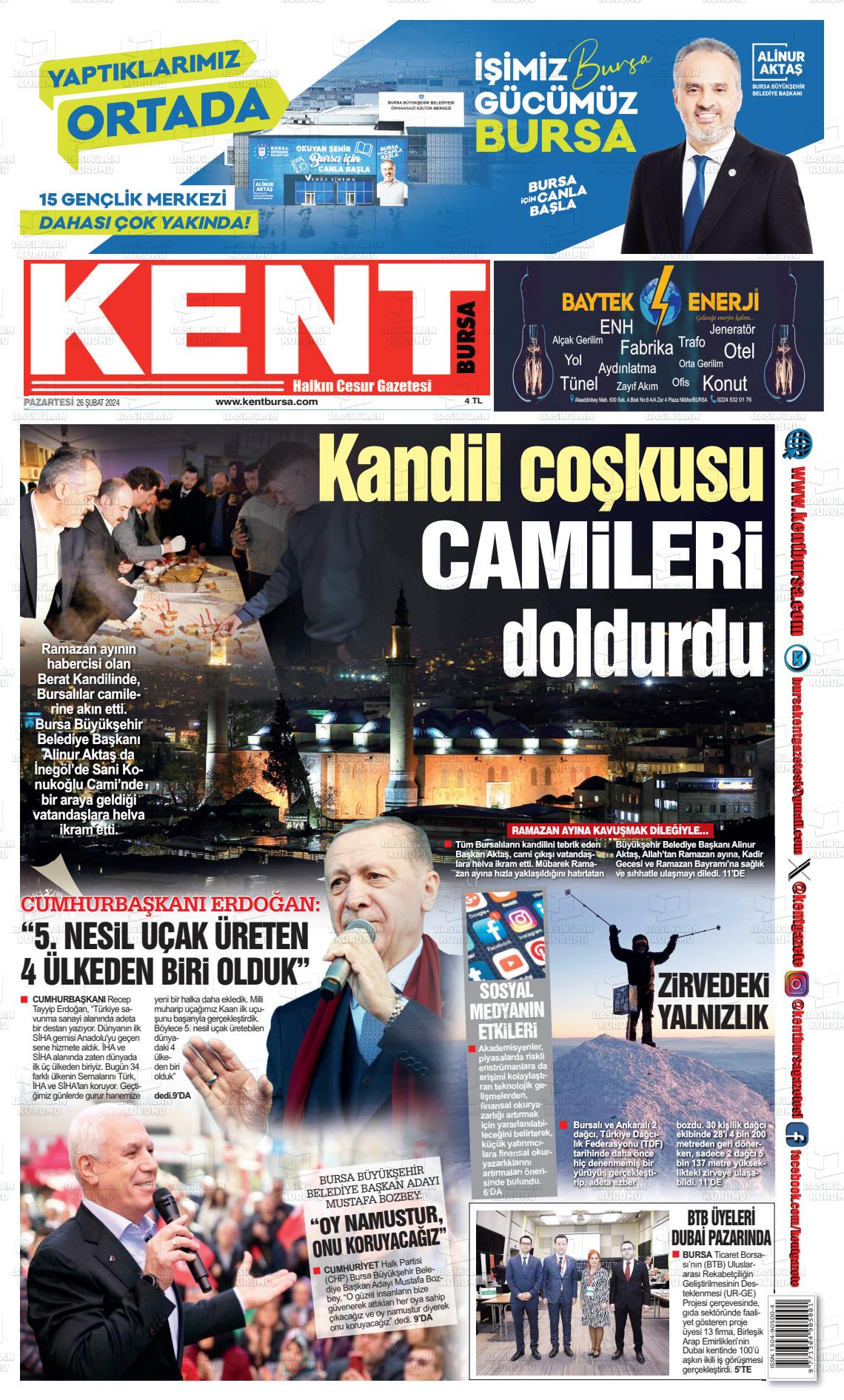 26 Şubat 2024 Kent Gazete Manşeti