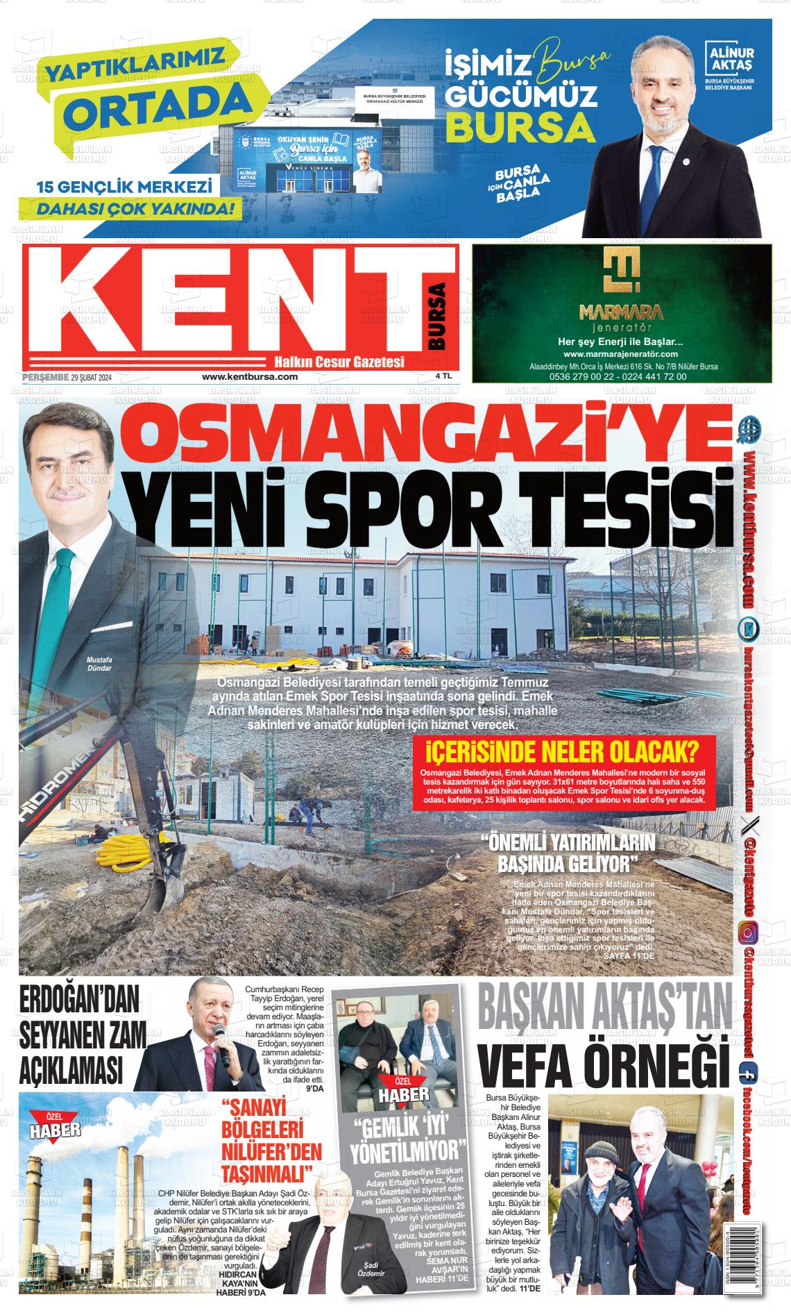 29 Şubat 2024 Kent Gazete Manşeti