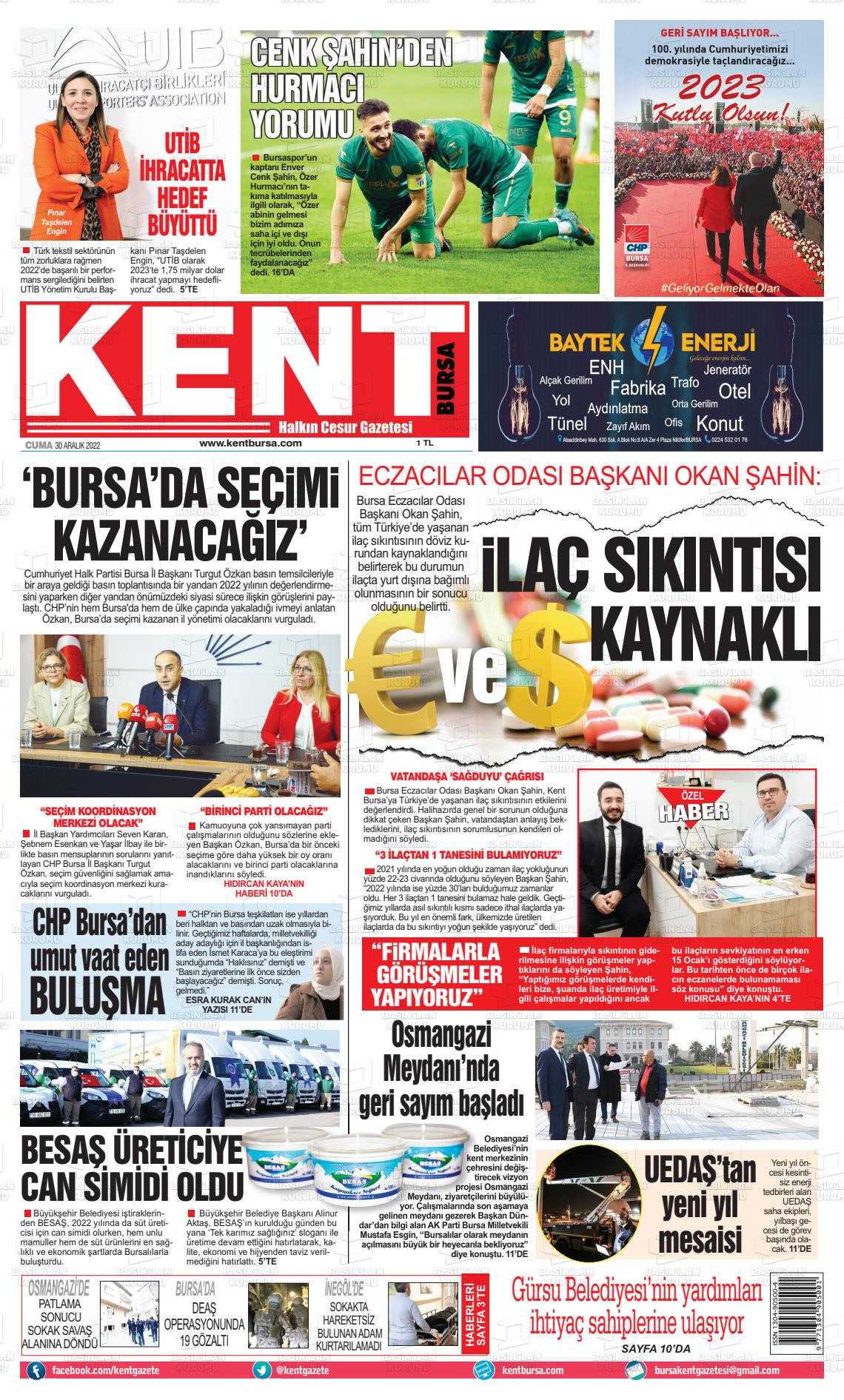 30 Aralık 2022 Kent Gazete Manşeti