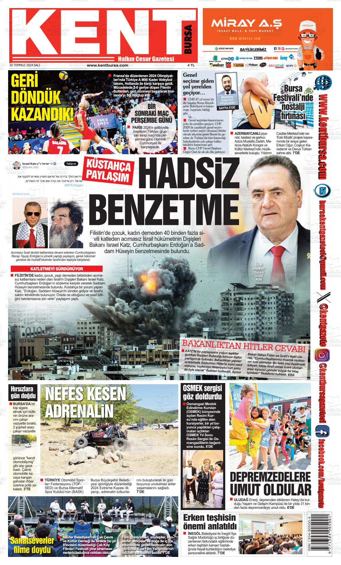 30 Temmuz 2024 Kent Gazete Manşeti