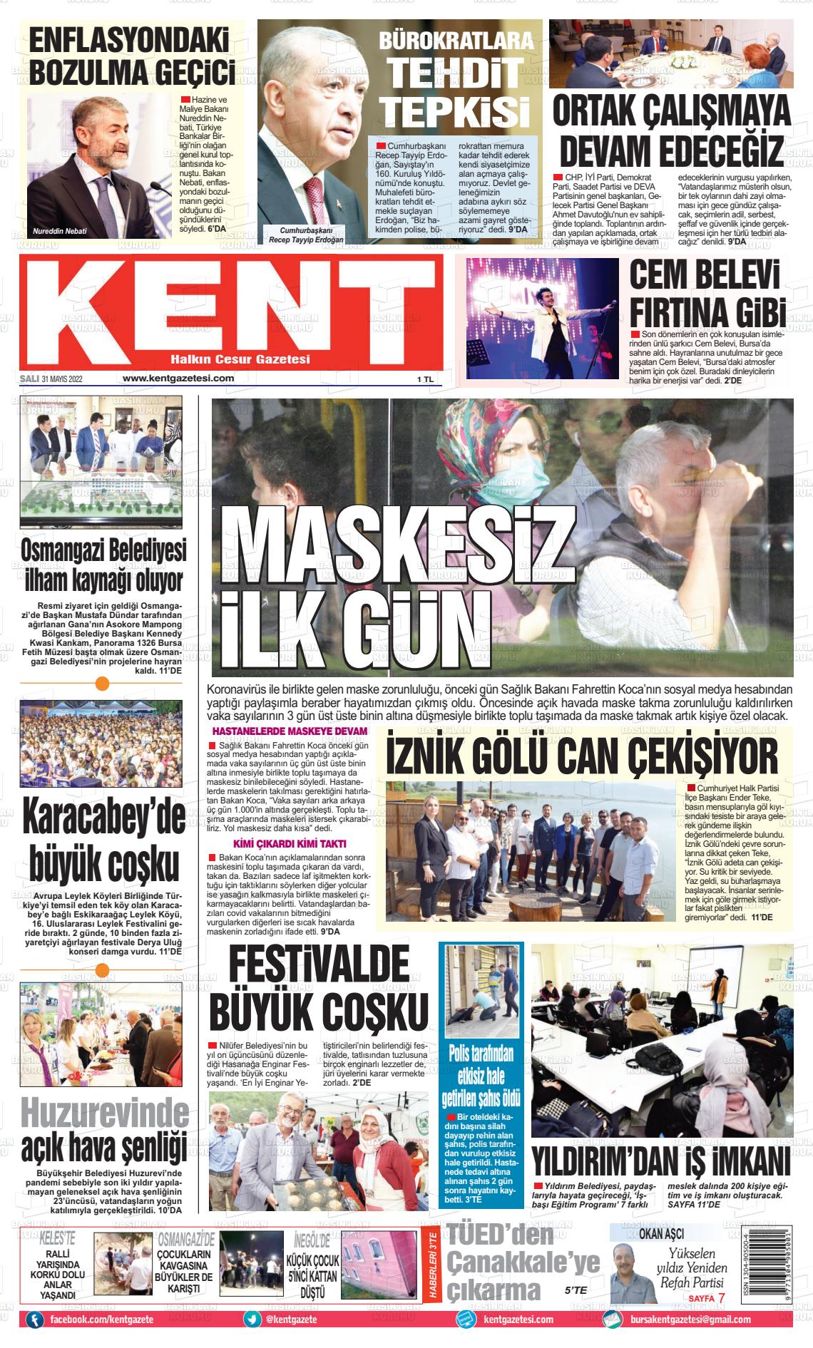 31 Mayıs 2022 Kent Gazete Manşeti