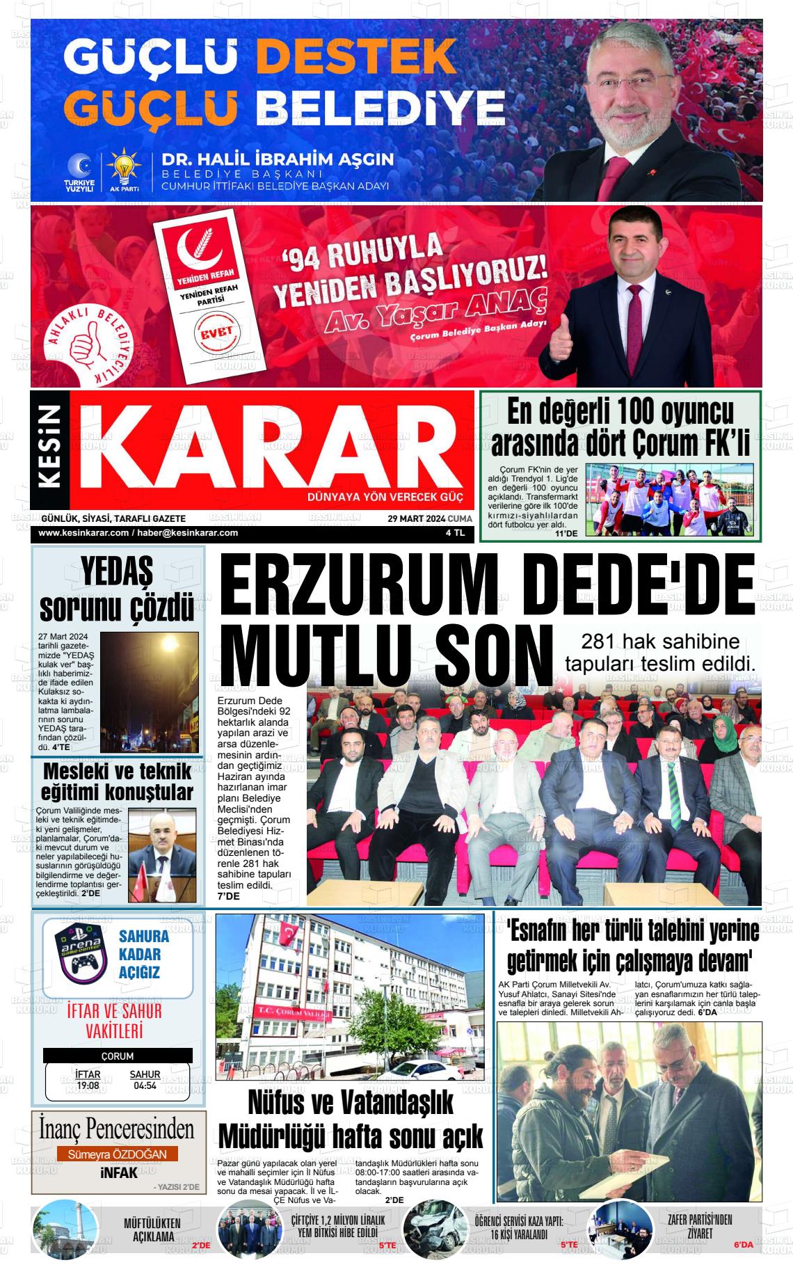 29 Mart 2024 Kesin Karar Gazete Manşeti