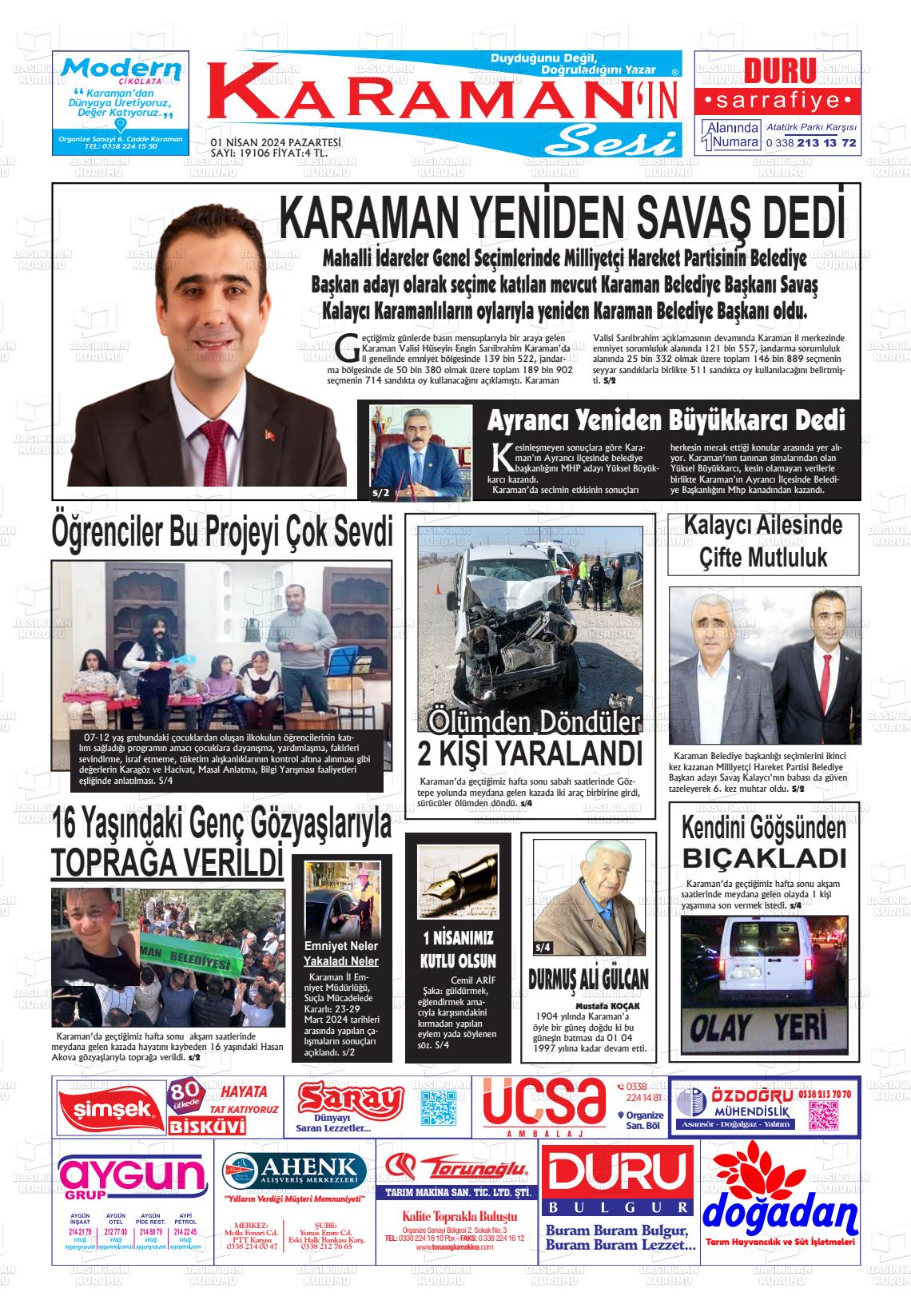 01 Nisan 2024 Karaman'ın Sesi Gazete Manşeti