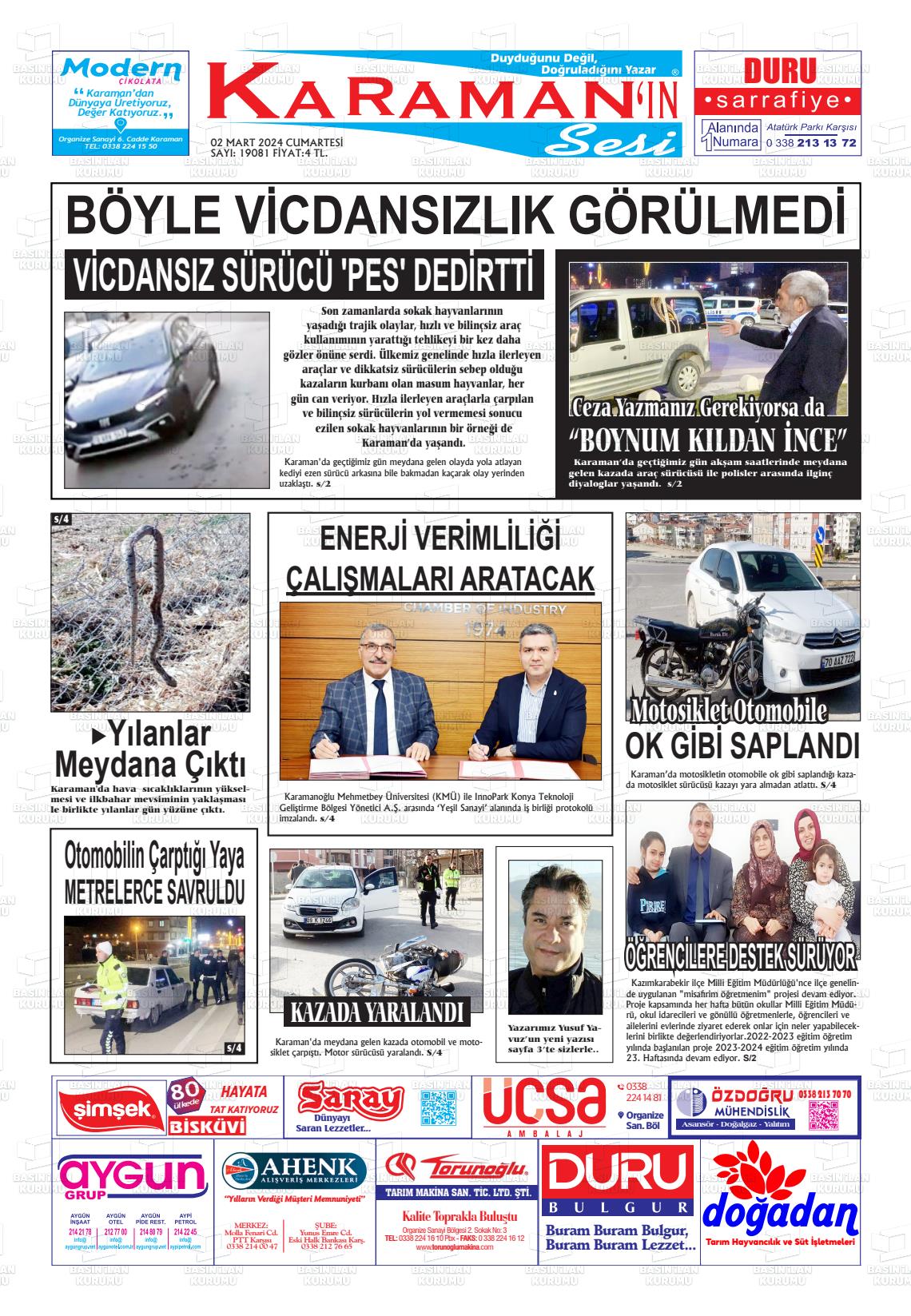 02 Mart 2024 Karaman'ın Sesi Gazete Manşeti