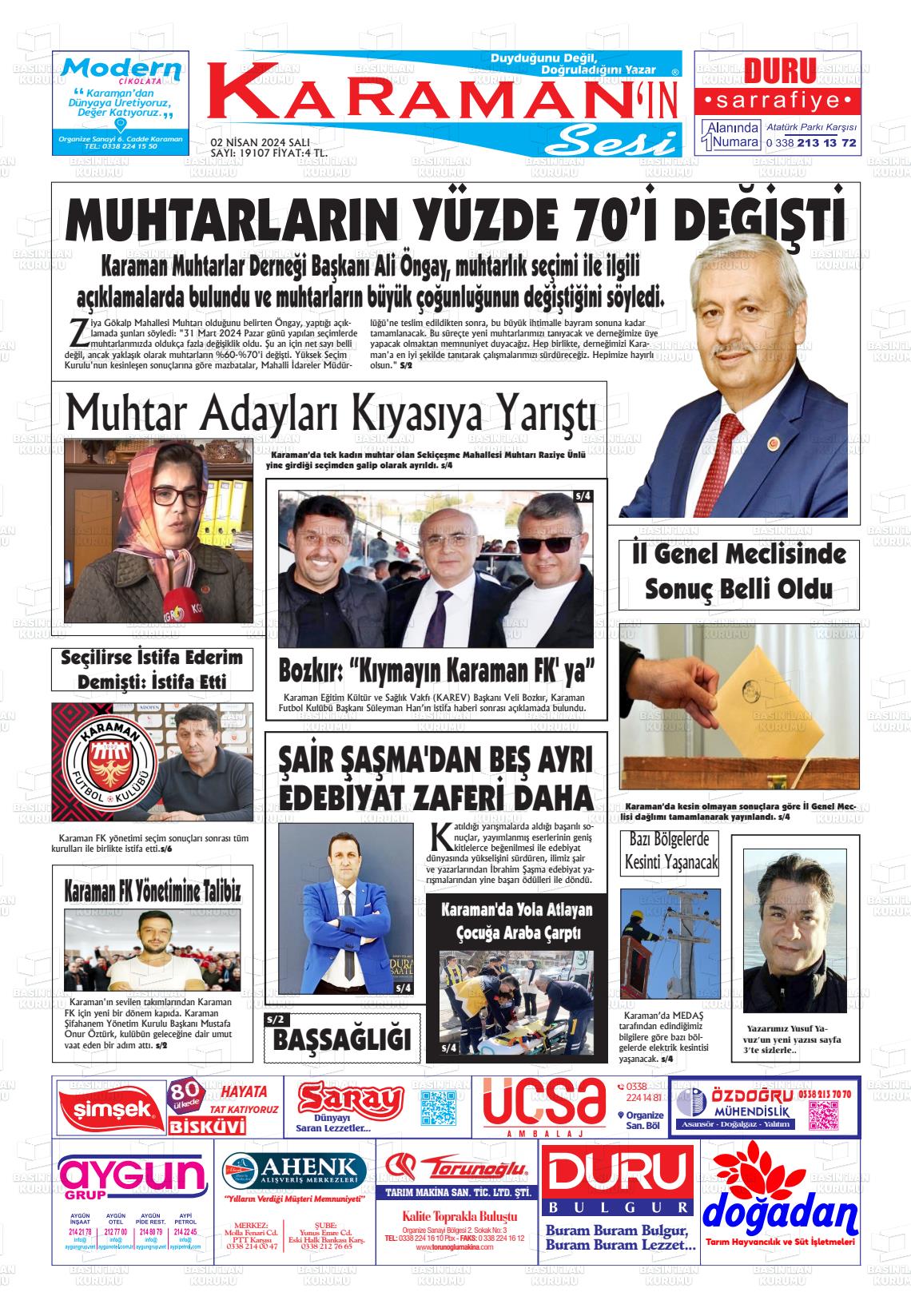 02 Nisan 2024 Karaman'ın Sesi Gazete Manşeti