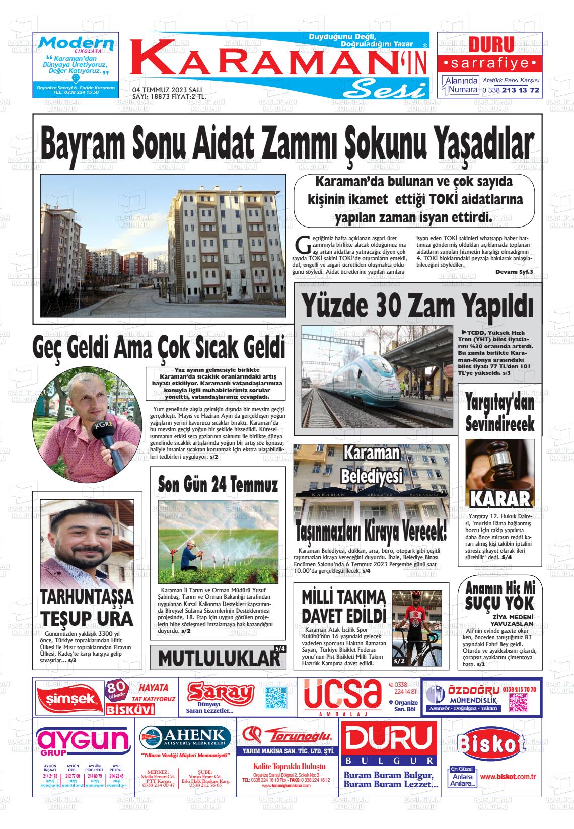 04 Temmuz 2023 Karaman'ın Sesi Gazete Manşeti