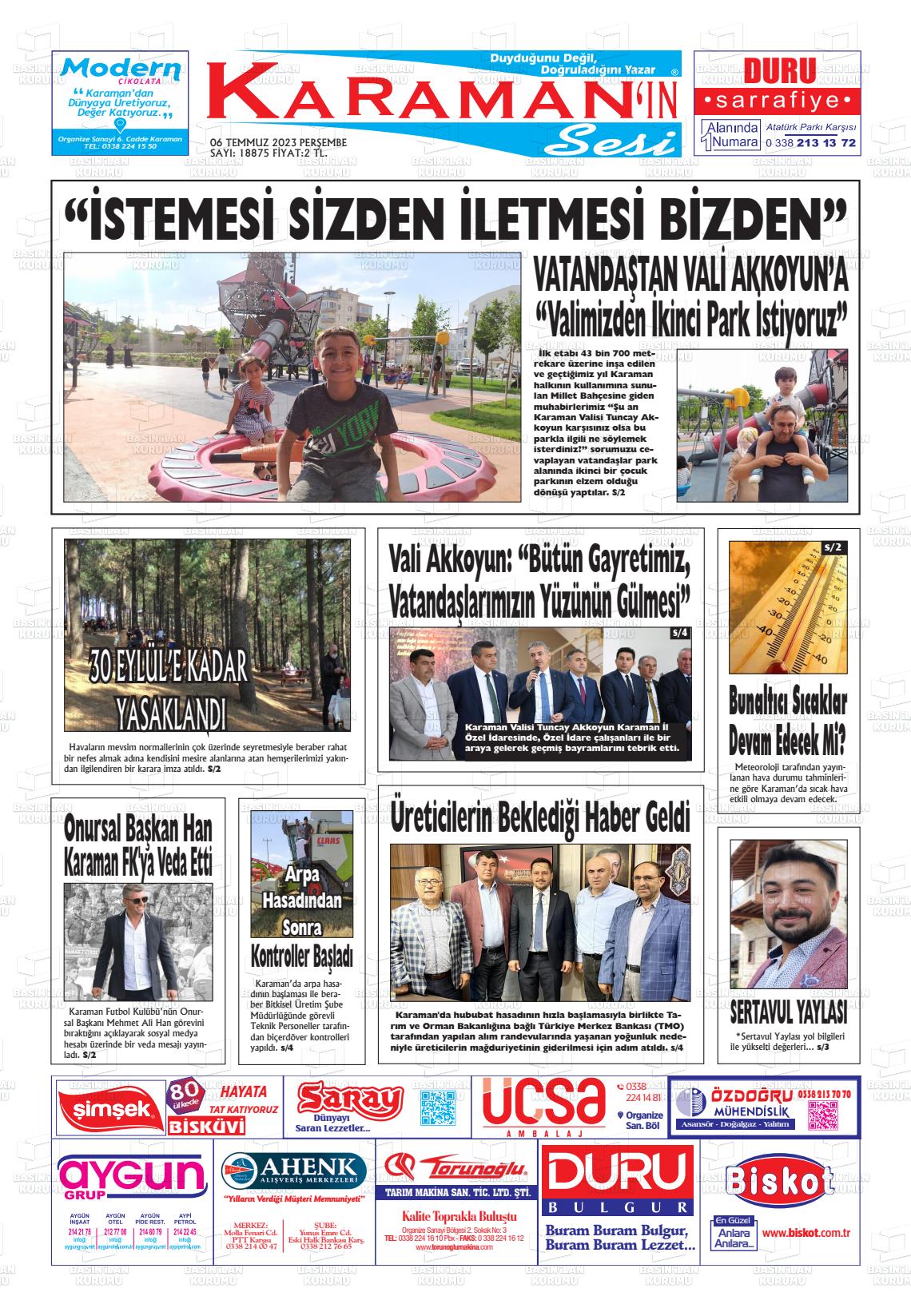 06 Temmuz 2023 Karaman'ın Sesi Gazete Manşeti