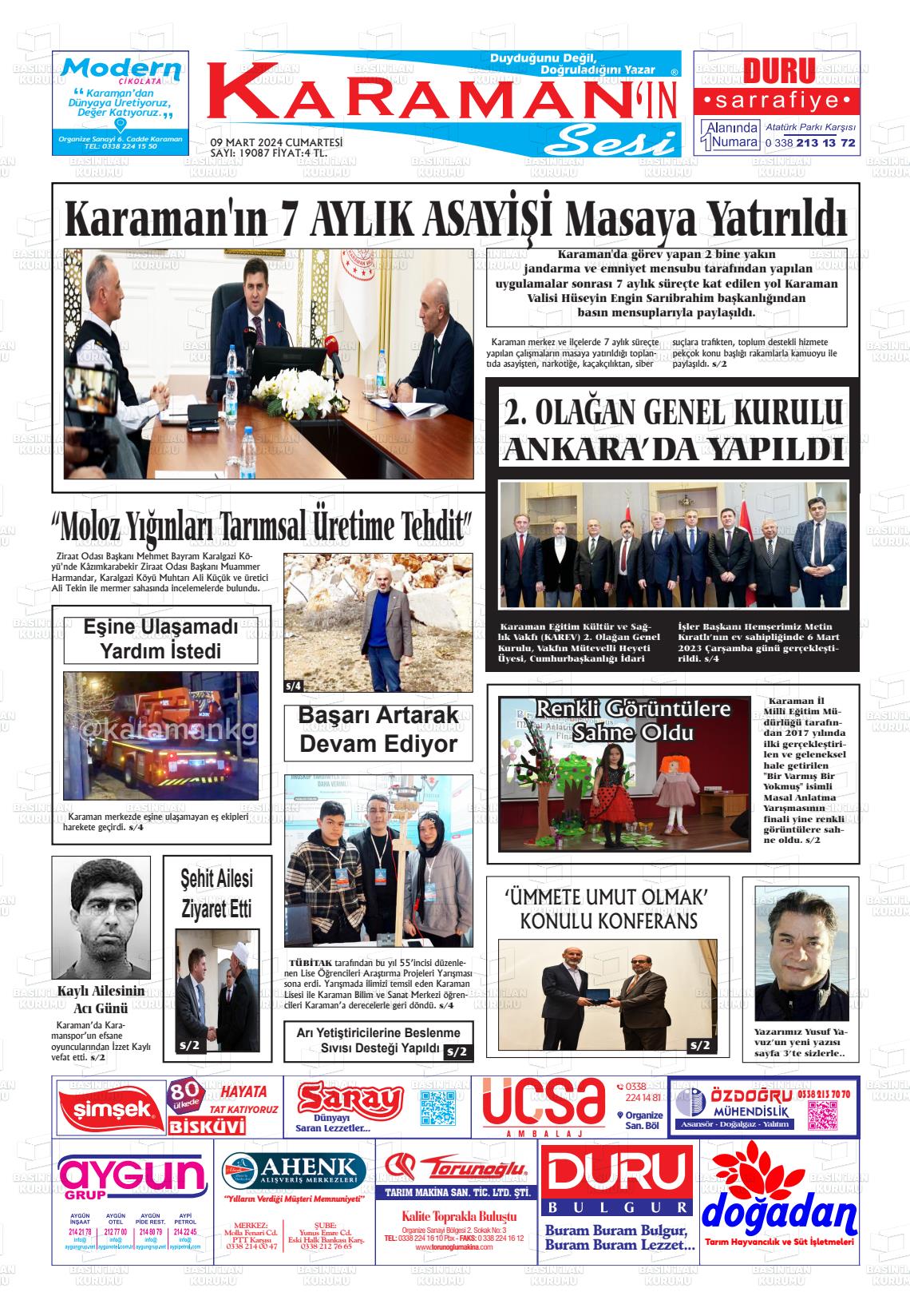 09 Mart 2024 Karaman'ın Sesi Gazete Manşeti