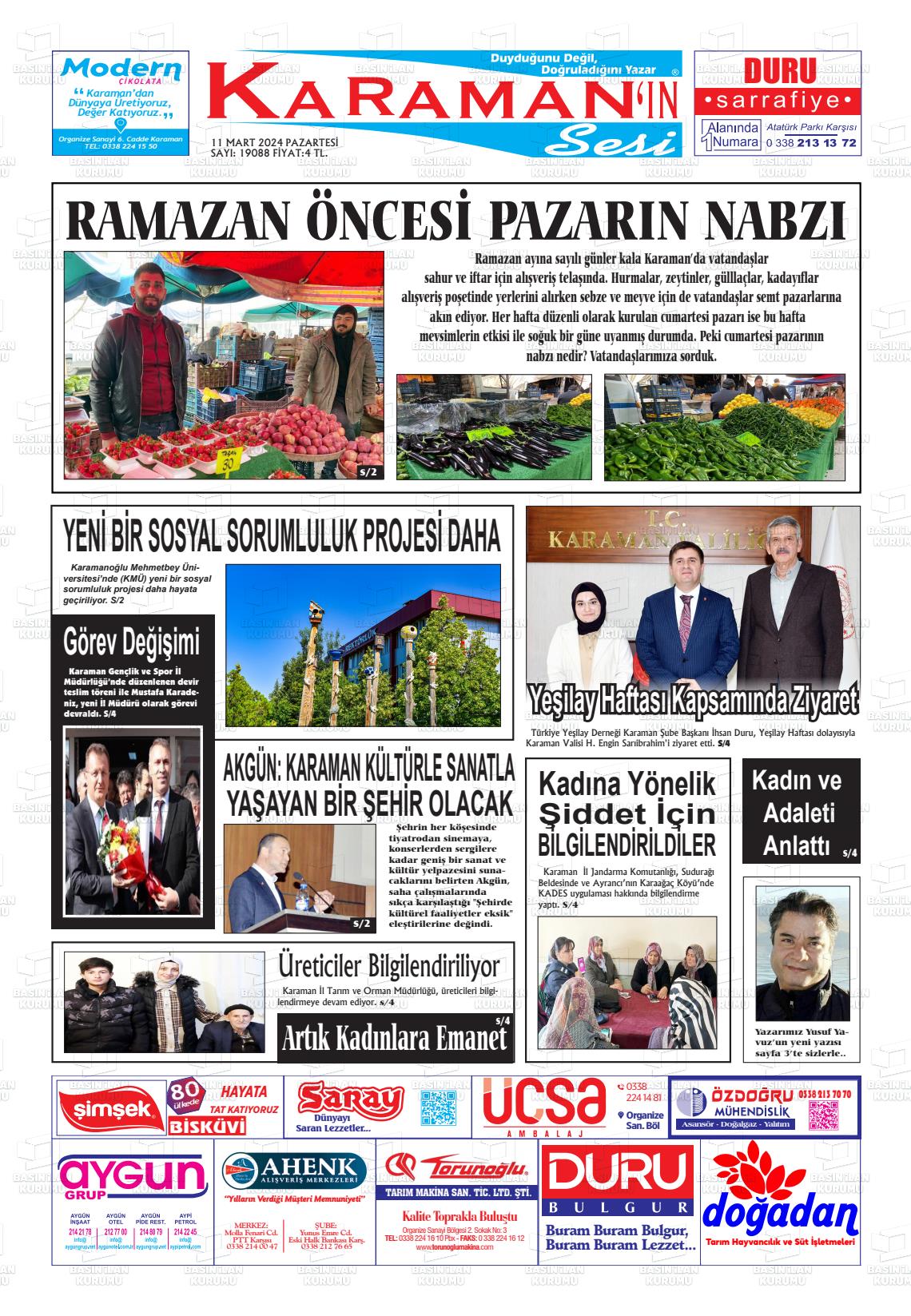 11 Mart 2024 Karaman'ın Sesi Gazete Manşeti