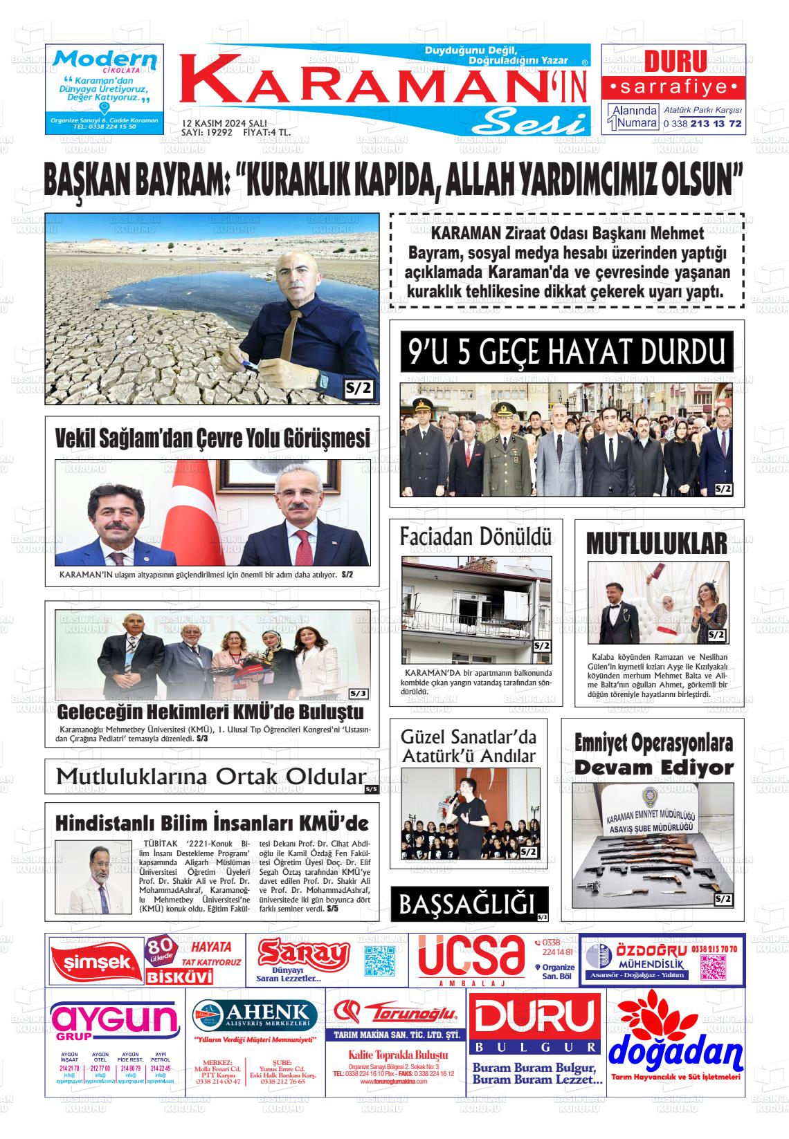 12 Kasım 2024 Karaman'ın Sesi Gazete Manşeti