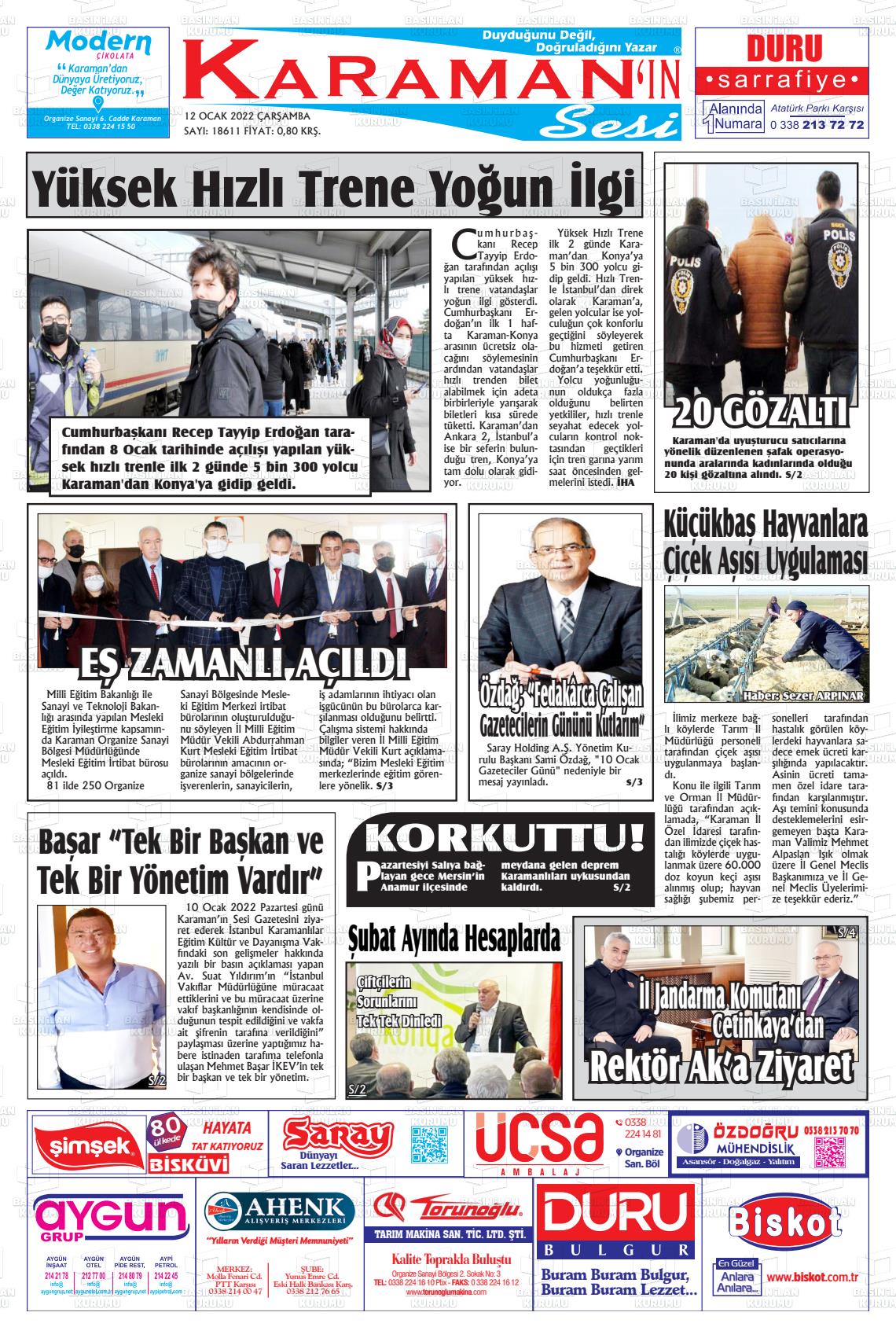 12 Ocak 2022 Karaman'ın Sesi Gazete Manşeti