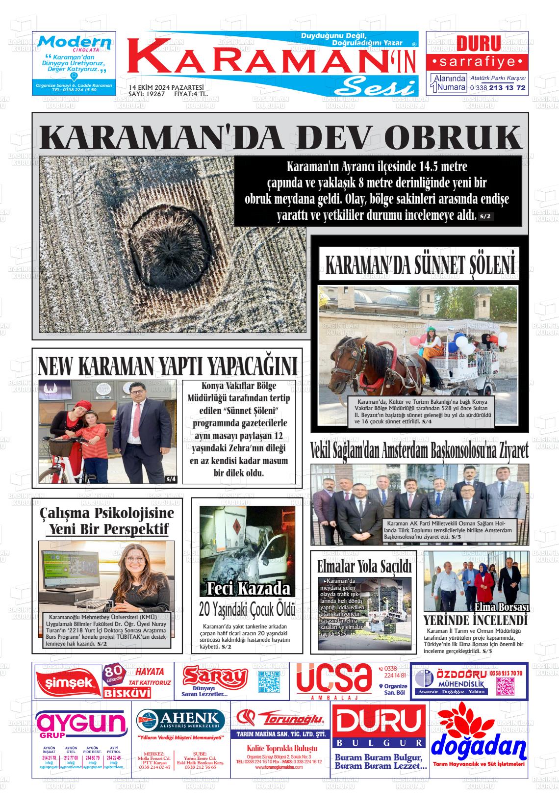 14 Ekim 2024 Karaman'ın Sesi Gazete Manşeti