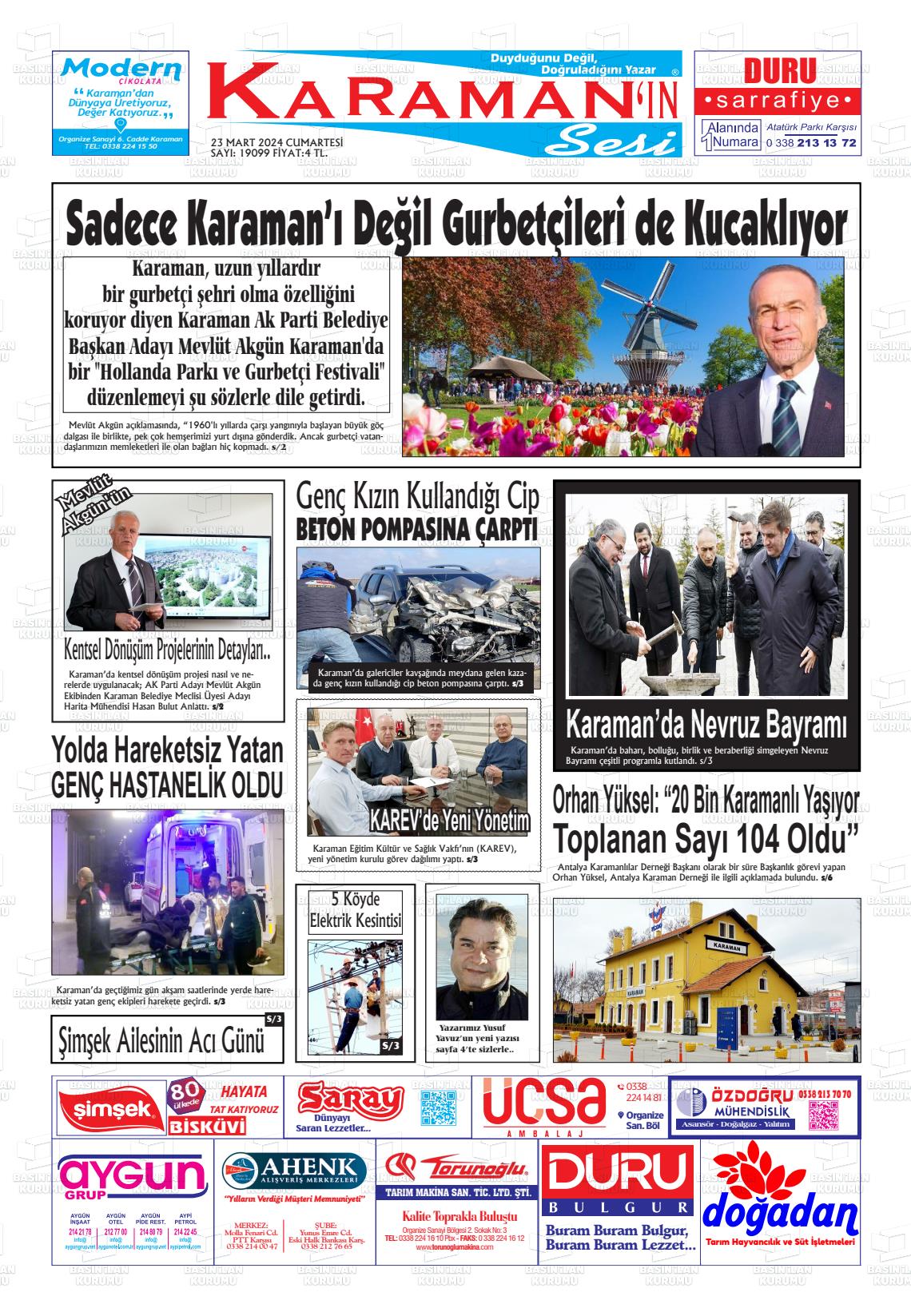 23 Mart 2024 Karaman'ın Sesi Gazete Manşeti