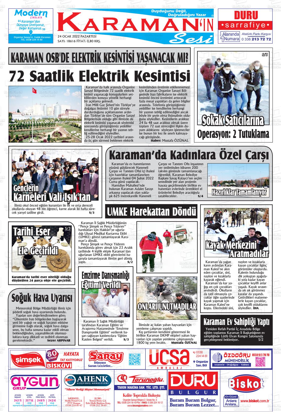 24 Ocak 2022 Karaman'ın Sesi Gazete Manşeti