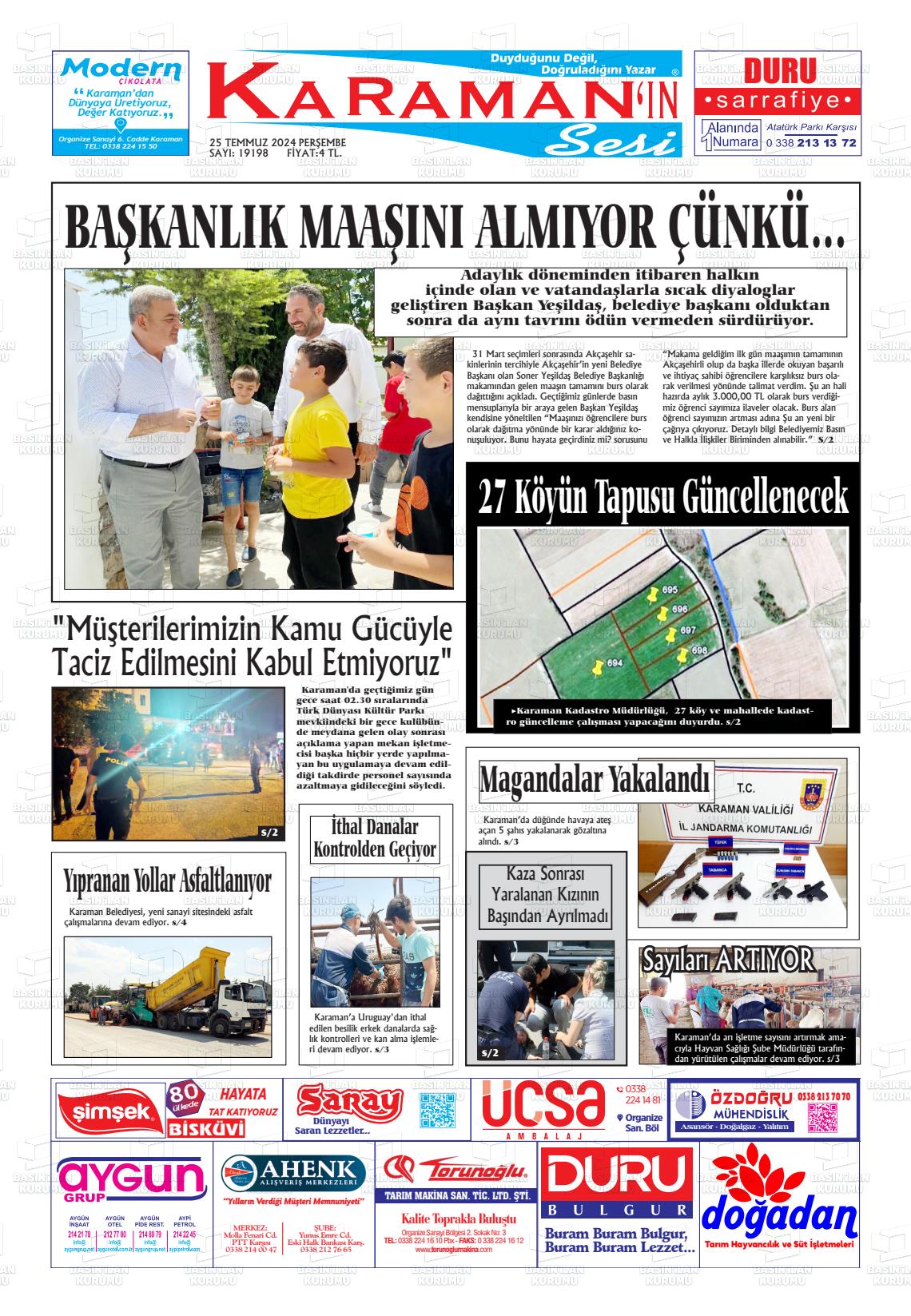 25 Temmuz 2024 Karaman'ın Sesi Gazete Manşeti