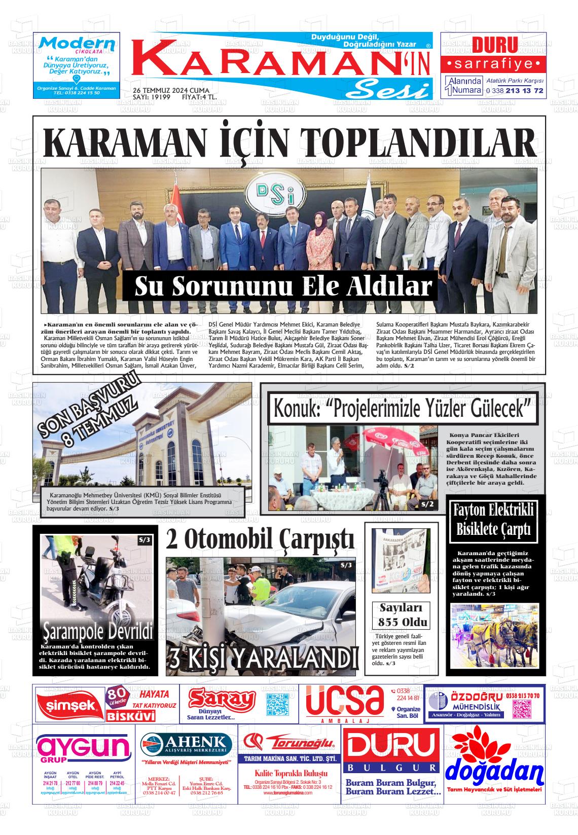 27 Temmuz 2024 Karaman'ın Sesi Gazete Manşeti