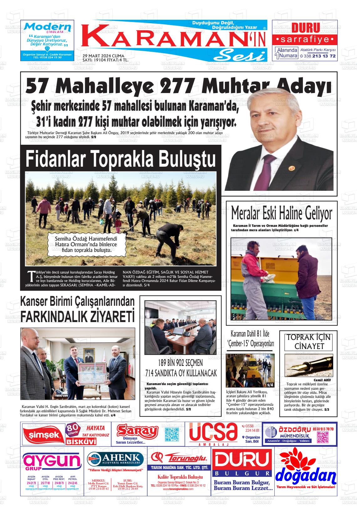 29 Mart 2024 Karaman'ın Sesi Gazete Manşeti