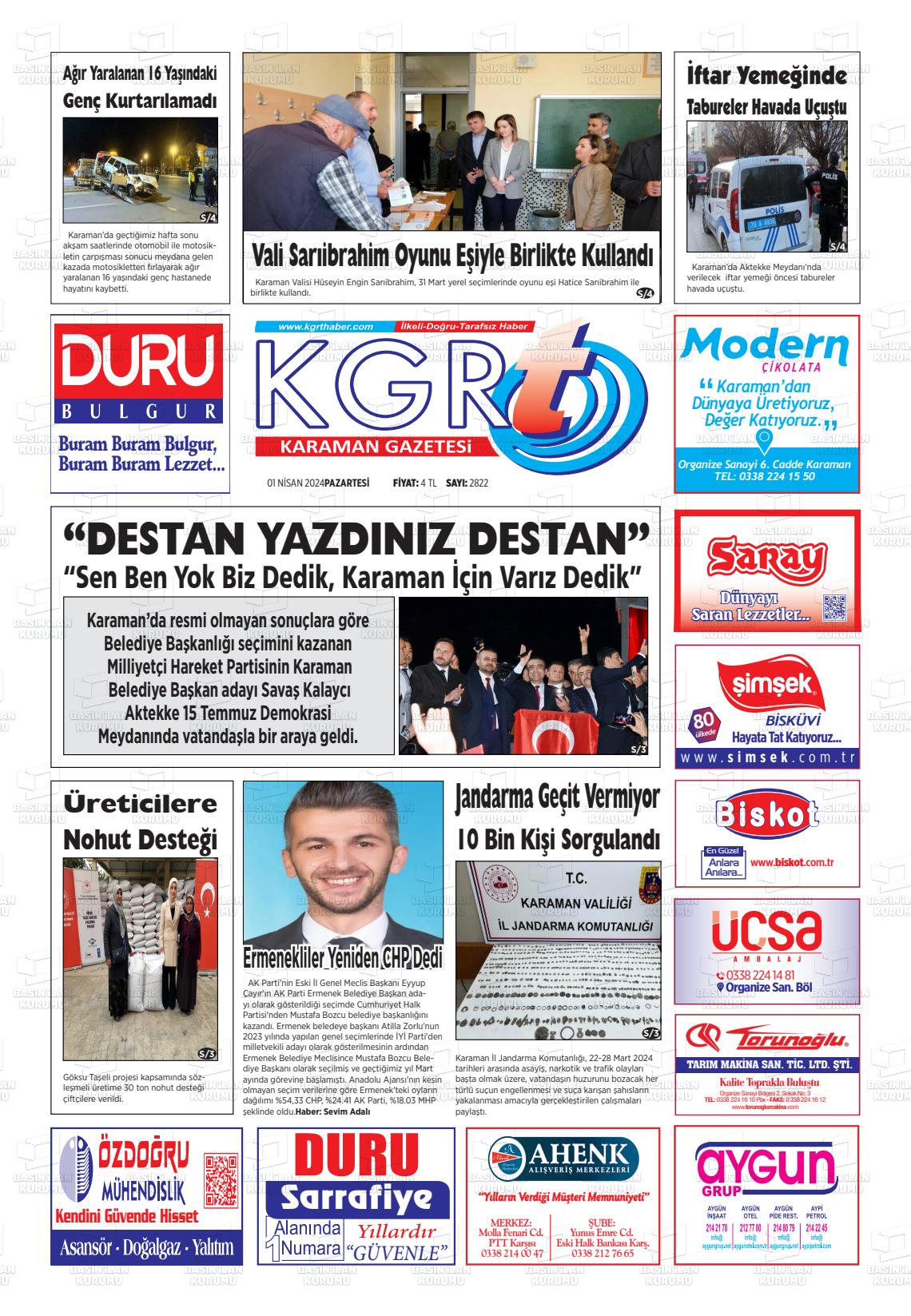 01 Nisan 2024 Kgrt Karaman Gazete Manşeti