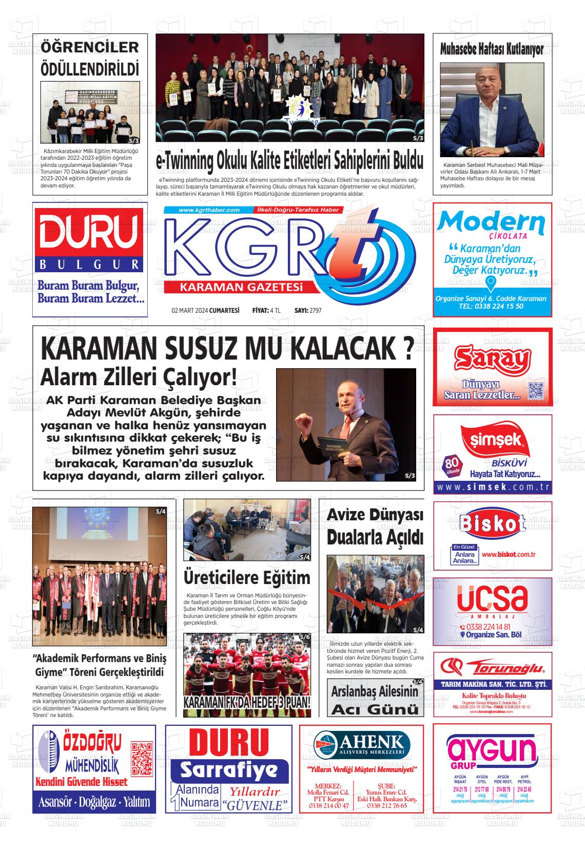 02 Mart 2024 Kgrt Karaman Gazete Manşeti