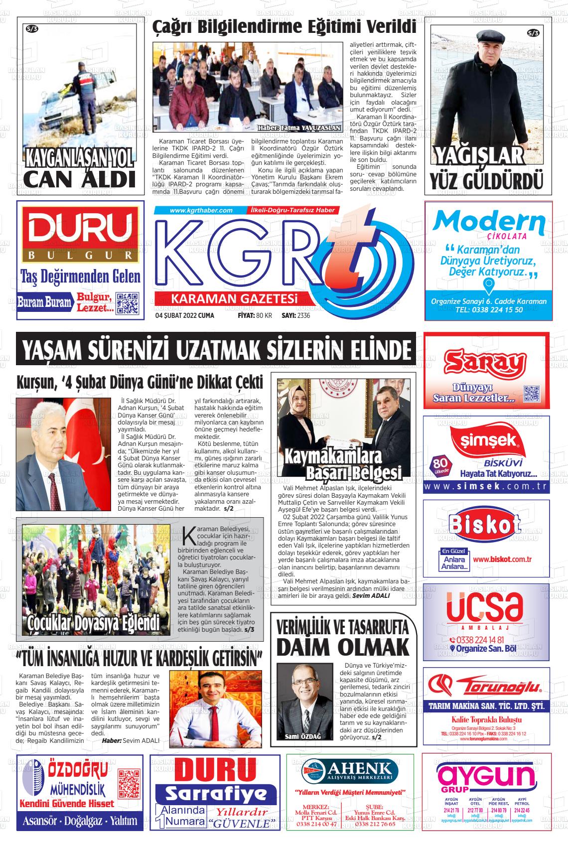 04 Şubat 2022 Kgrt Karaman Gazete Manşeti