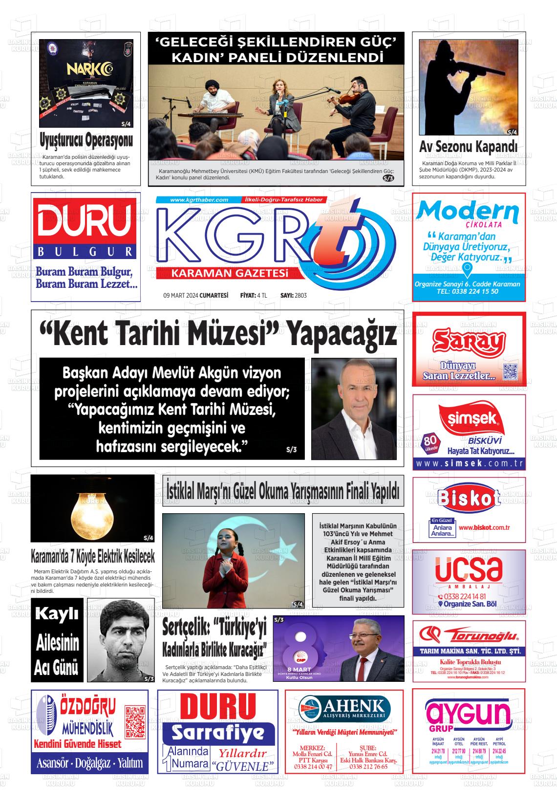 09 Mart 2024 Kgrt Karaman Gazete Manşeti