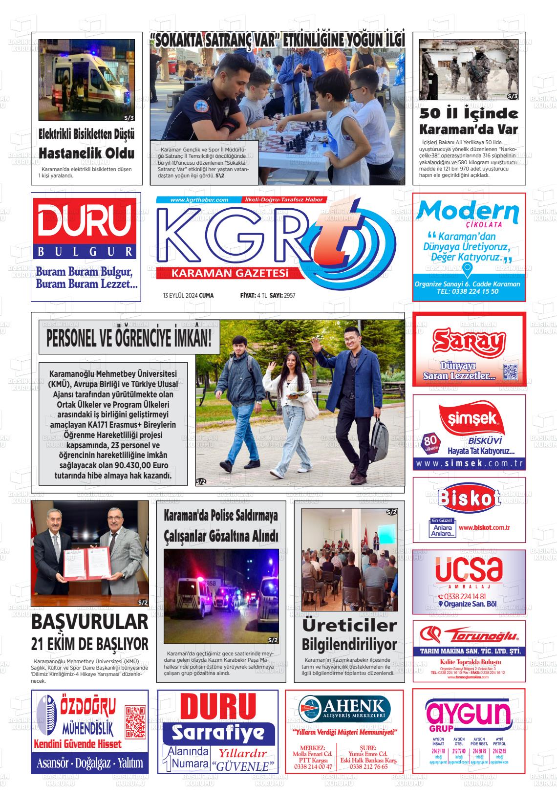 13 Eylül 2024 Kgrt Karaman Gazete Manşeti