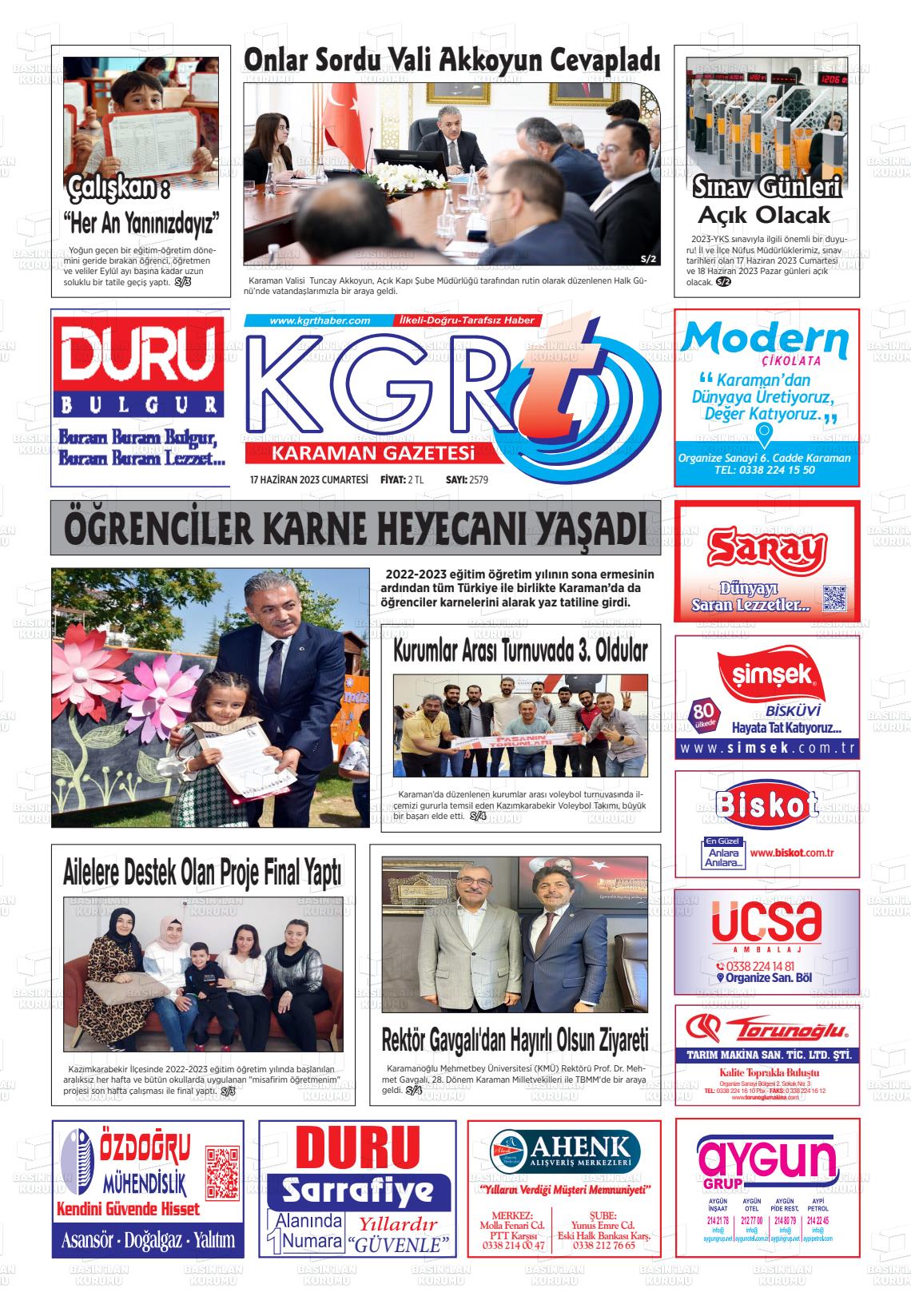 17 Haziran 2023 Kgrt Karaman Gazete Manşeti