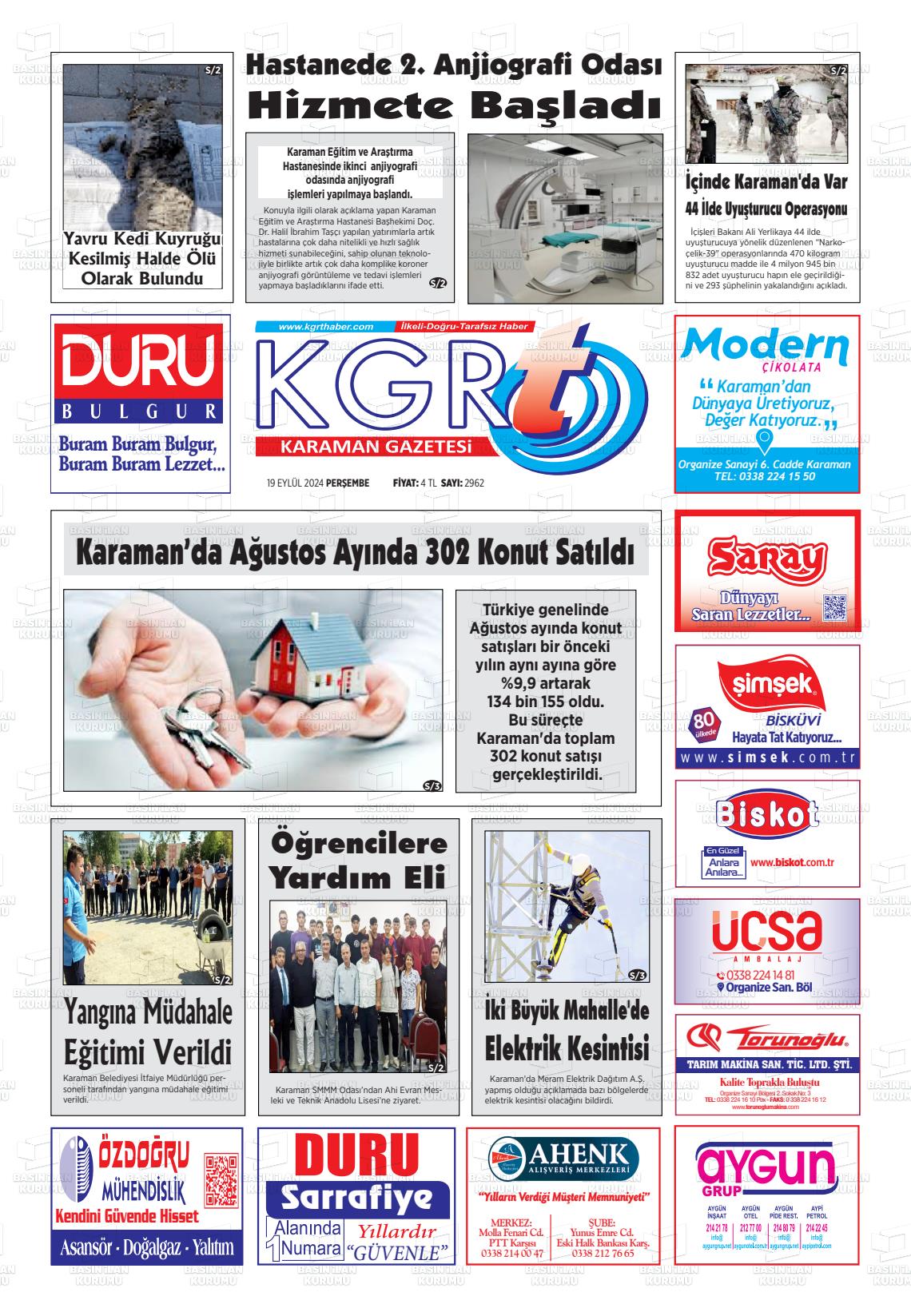 19 Eylül 2024 Kgrt Karaman Gazete Manşeti