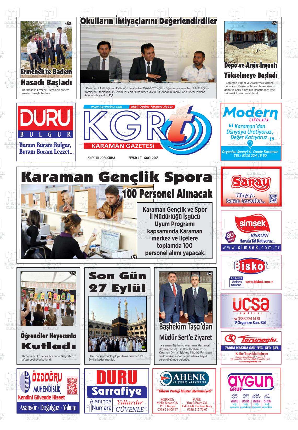 20 Eylül 2024 Kgrt Karaman Gazete Manşeti