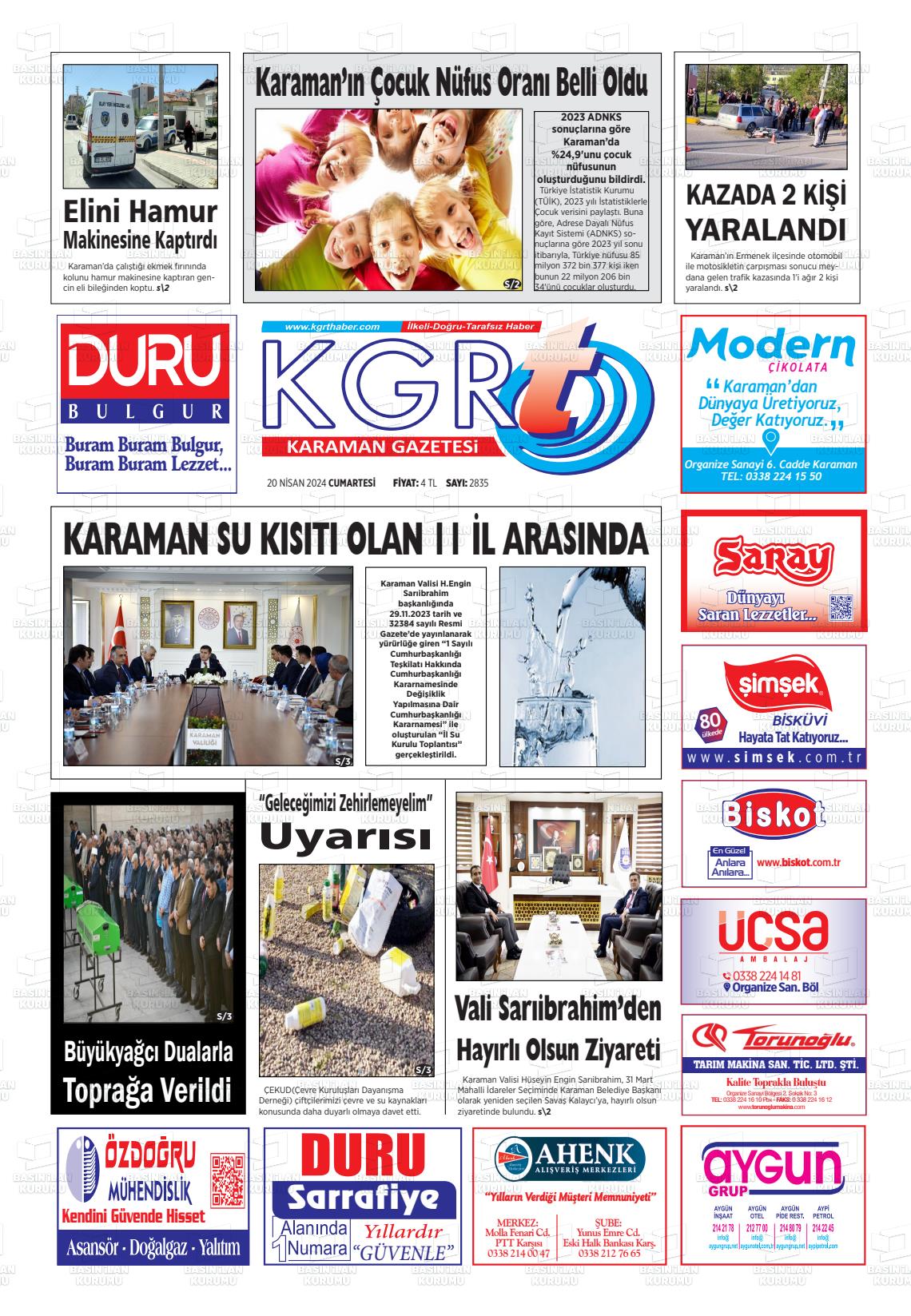 20 Nisan 2024 Kgrt Karaman Gazete Manşeti