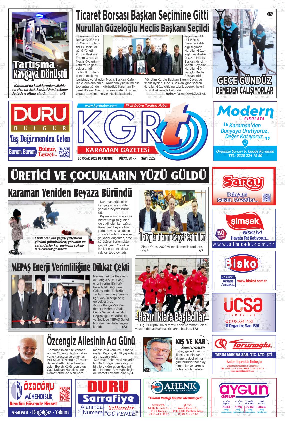 20 Ocak 2022 Kgrt Karaman Gazete Manşeti
