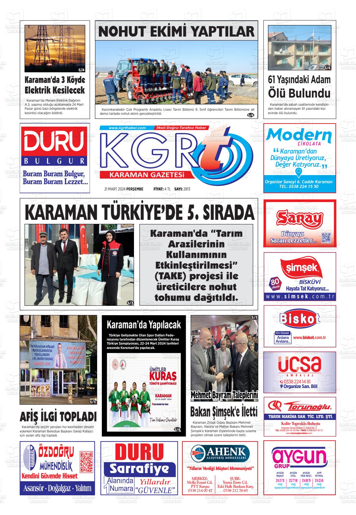 21 Mart 2024 Kgrt Karaman Gazete Manşeti