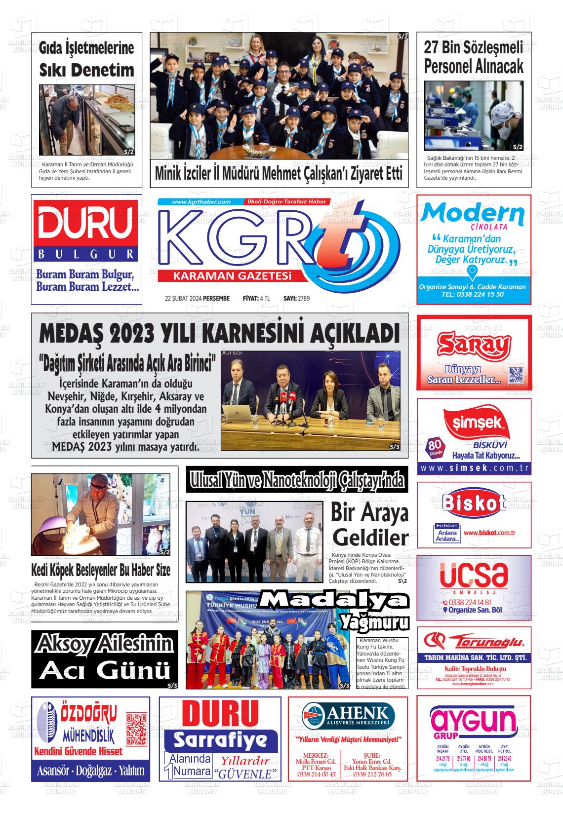 22 Şubat 2024 Kgrt Karaman Gazete Manşeti