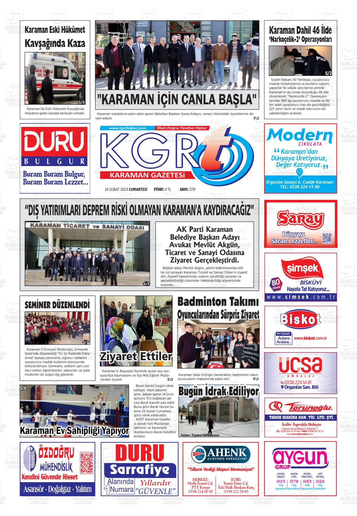 24 Şubat 2024 Kgrt Karaman Gazete Manşeti