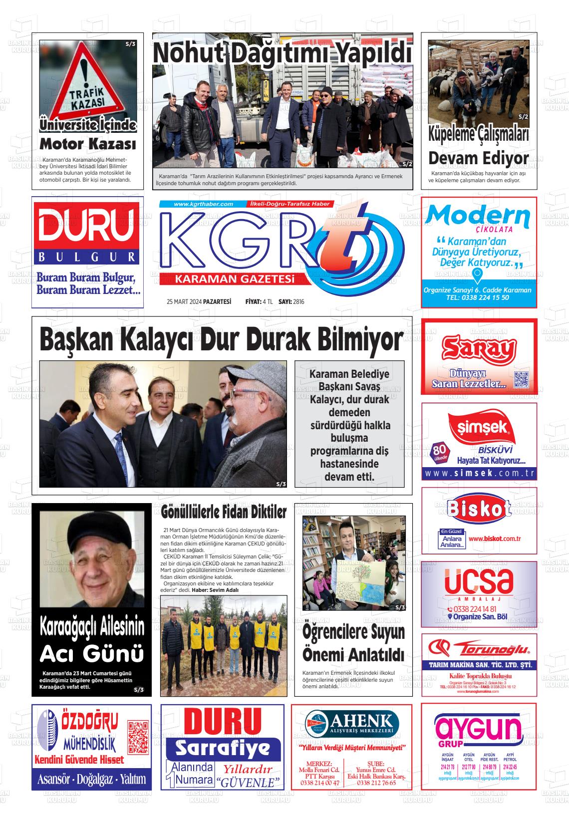 25 Mart 2024 Kgrt Karaman Gazete Manşeti