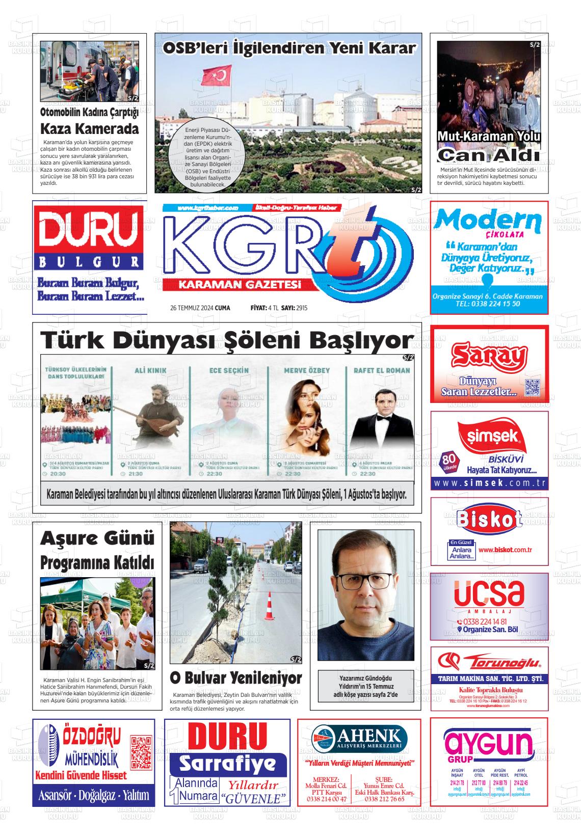 27 Temmuz 2024 Kgrt Karaman Gazete Manşeti