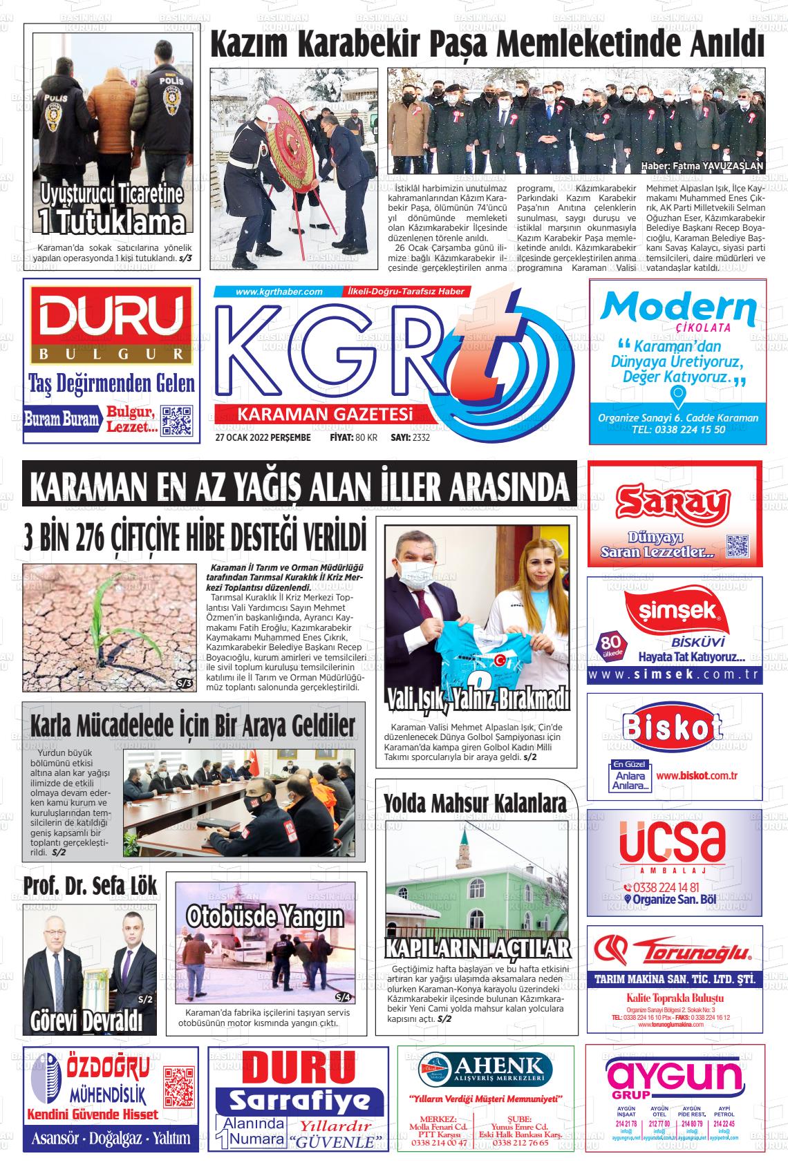 27 Ocak 2022 Kgrt Karaman Gazete Manşeti