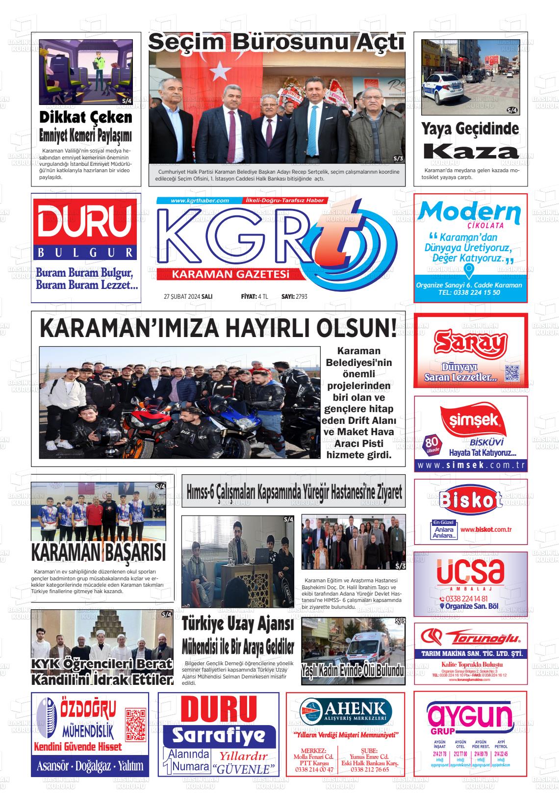 27 Şubat 2024 Kgrt Karaman Gazete Manşeti