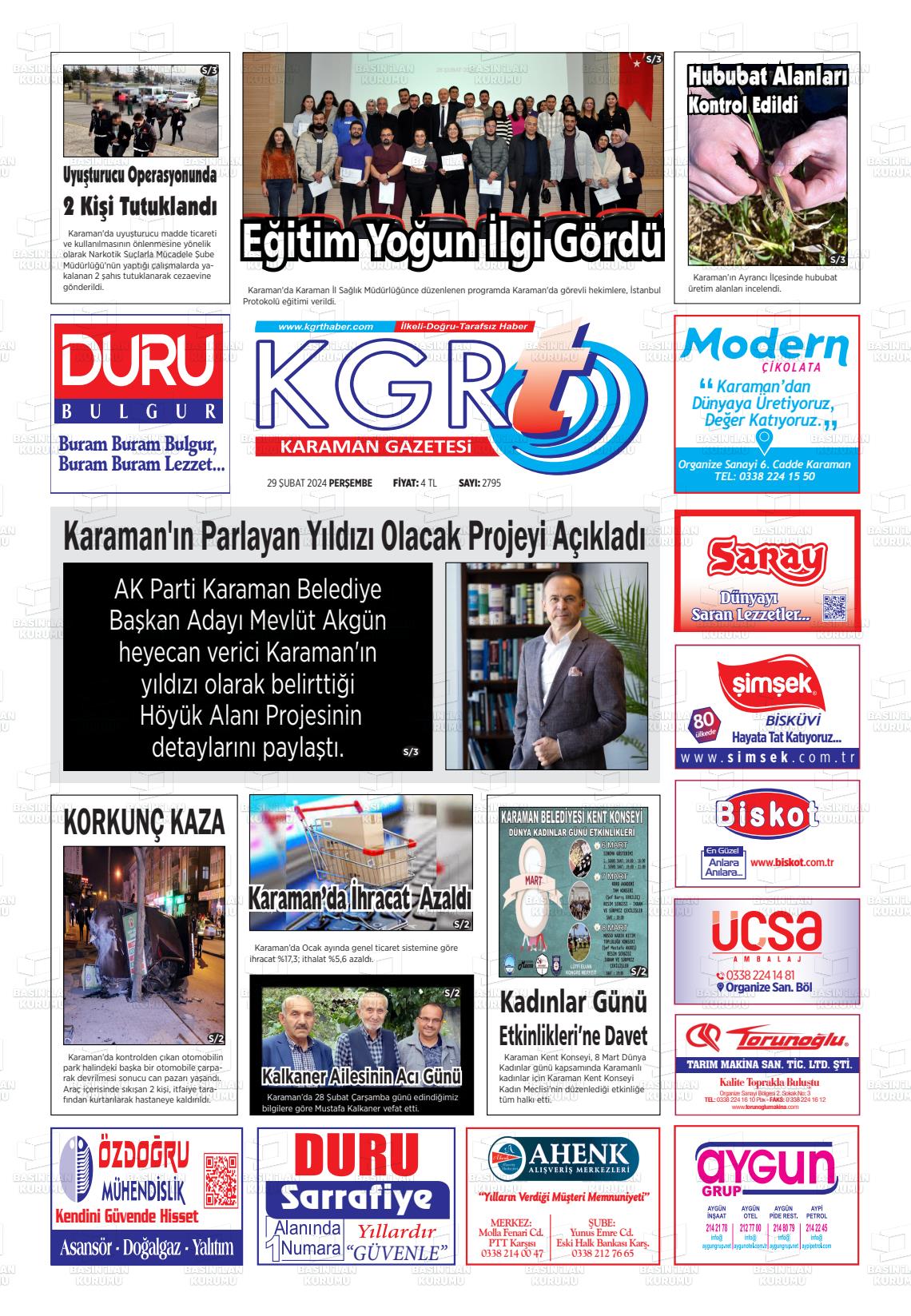 29 Şubat 2024 Kgrt Karaman Gazete Manşeti