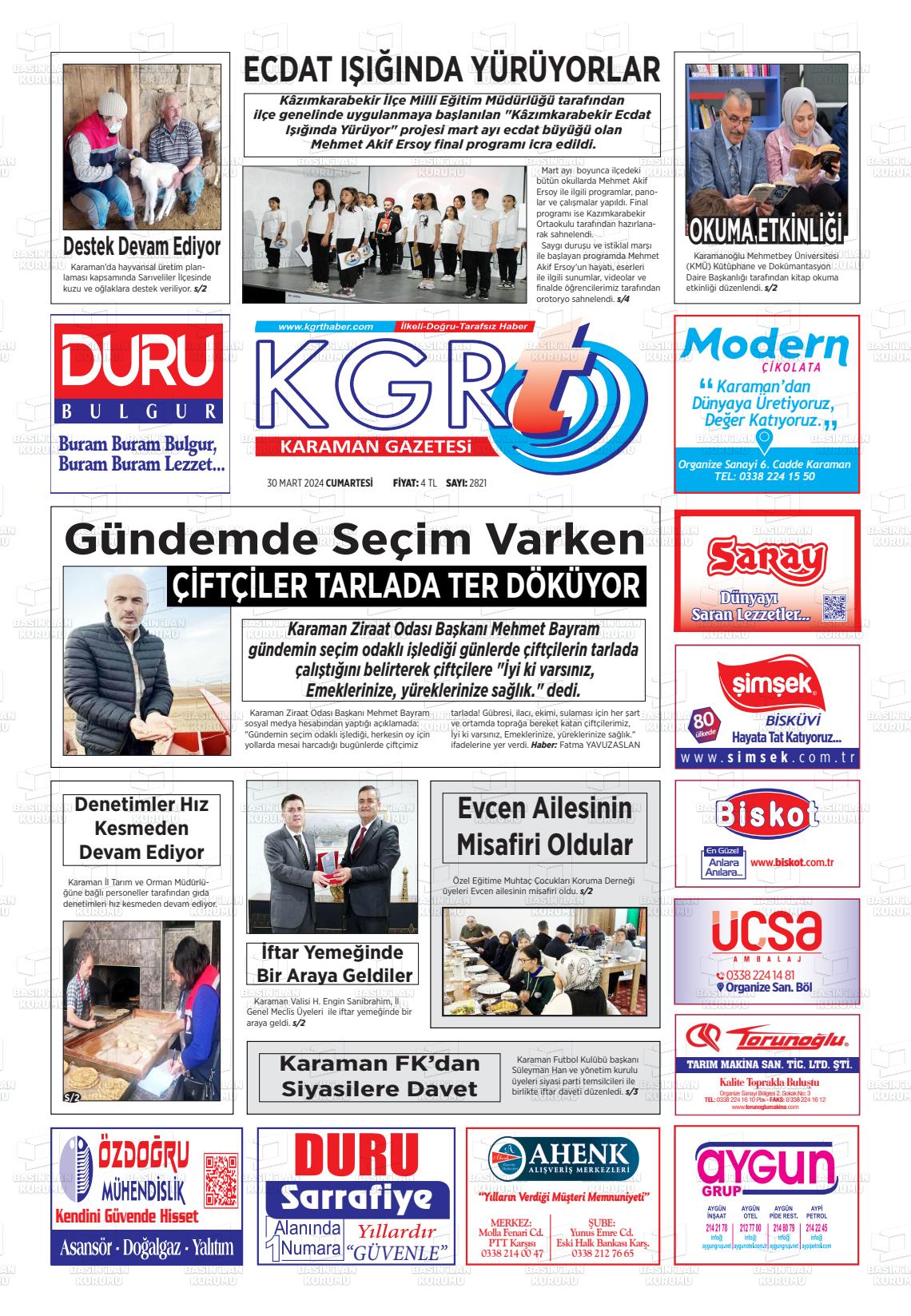 30 Mart 2024 Kgrt Karaman Gazete Manşeti