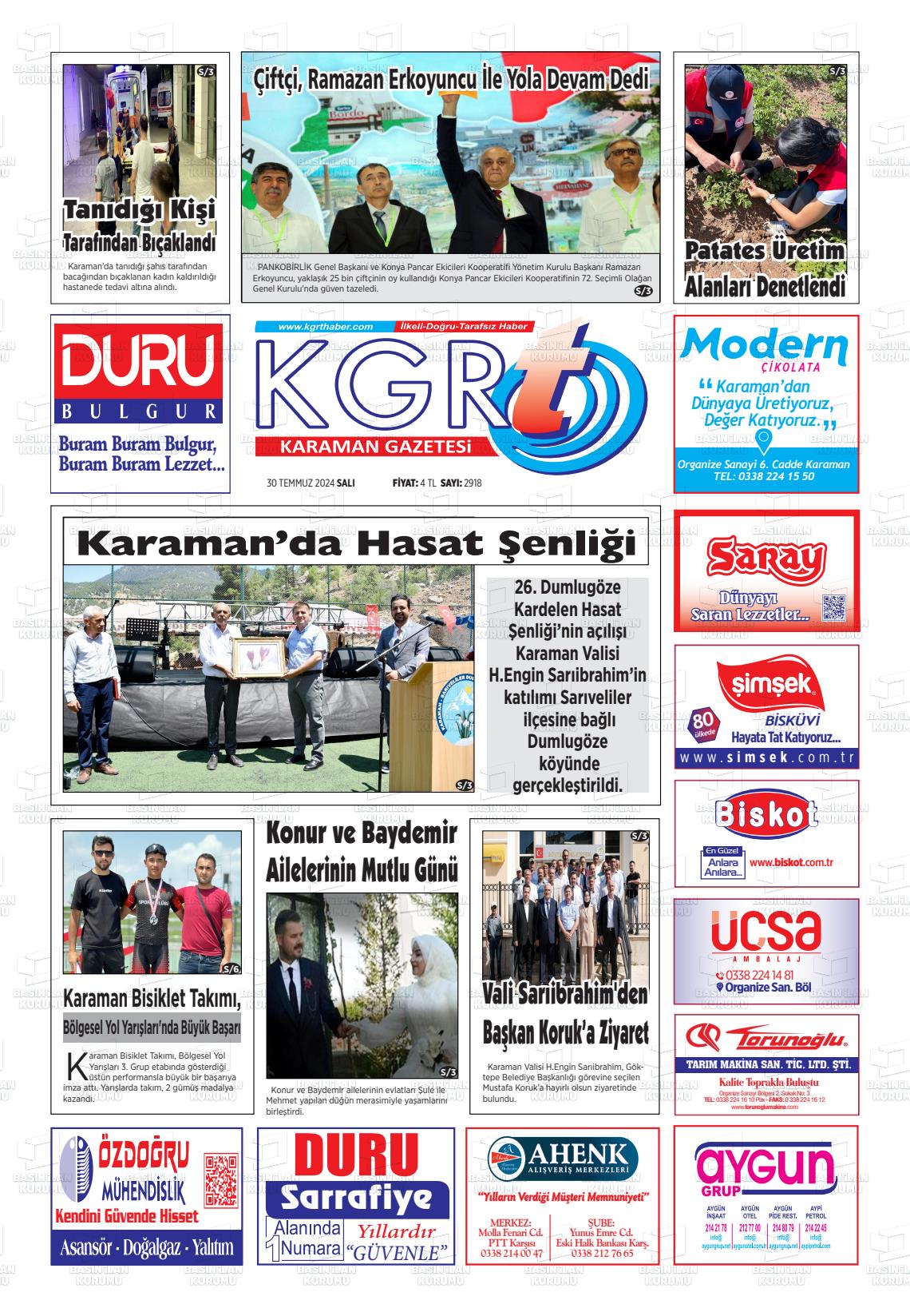 30 Temmuz 2024 Kgrt Karaman Gazete Manşeti