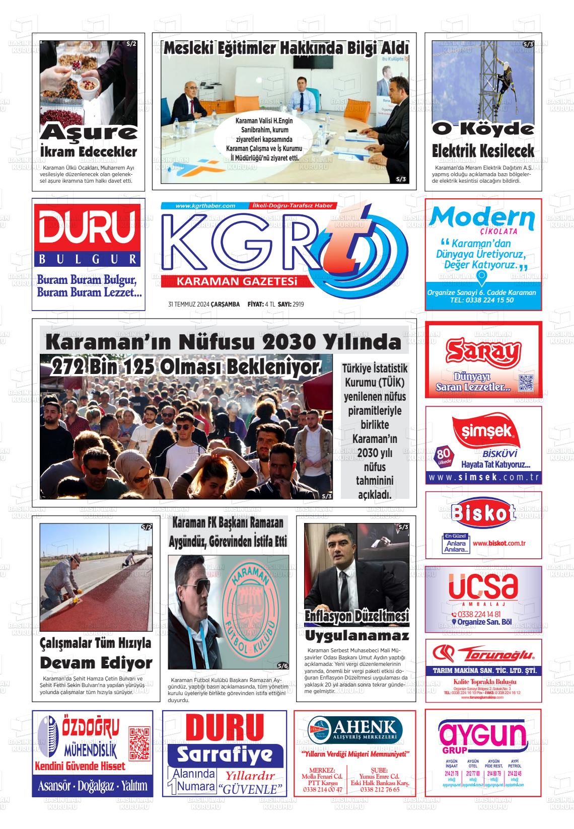 31 Temmuz 2024 Kgrt Karaman Gazete Manşeti