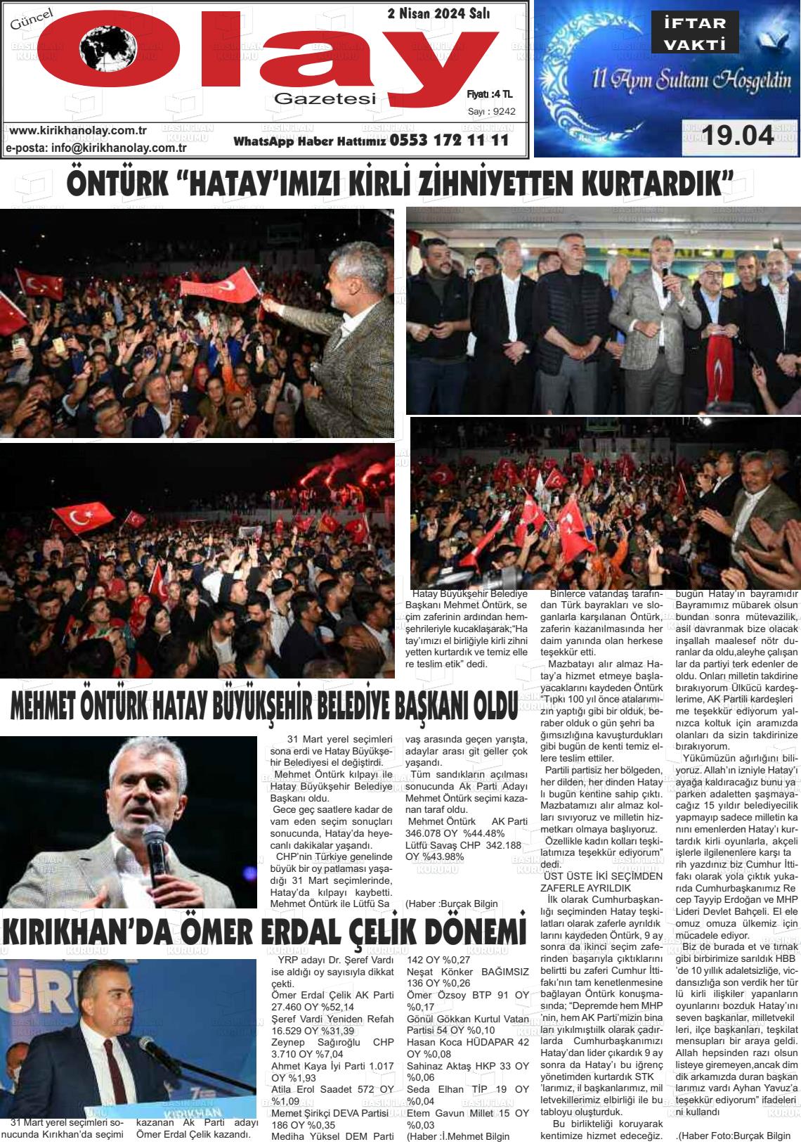 02 Nisan 2024 Kırıkhan Olay Gazete Manşeti