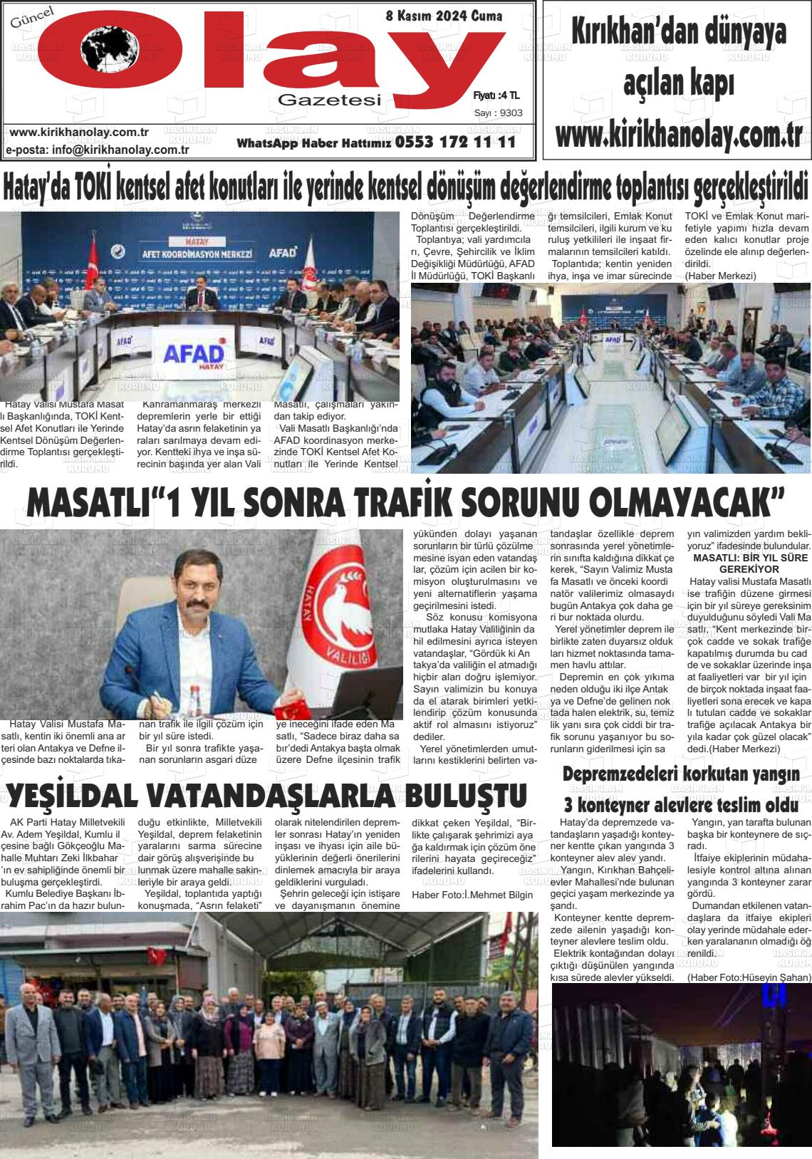 08 Kasım 2024 Kırıkhan Olay Gazete Manşeti