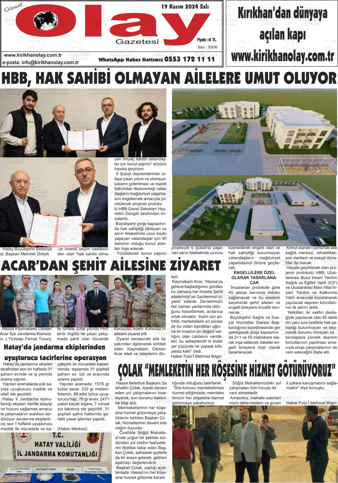 19 Kasım 2024 Kırıkhan Olay Gazete Manşeti