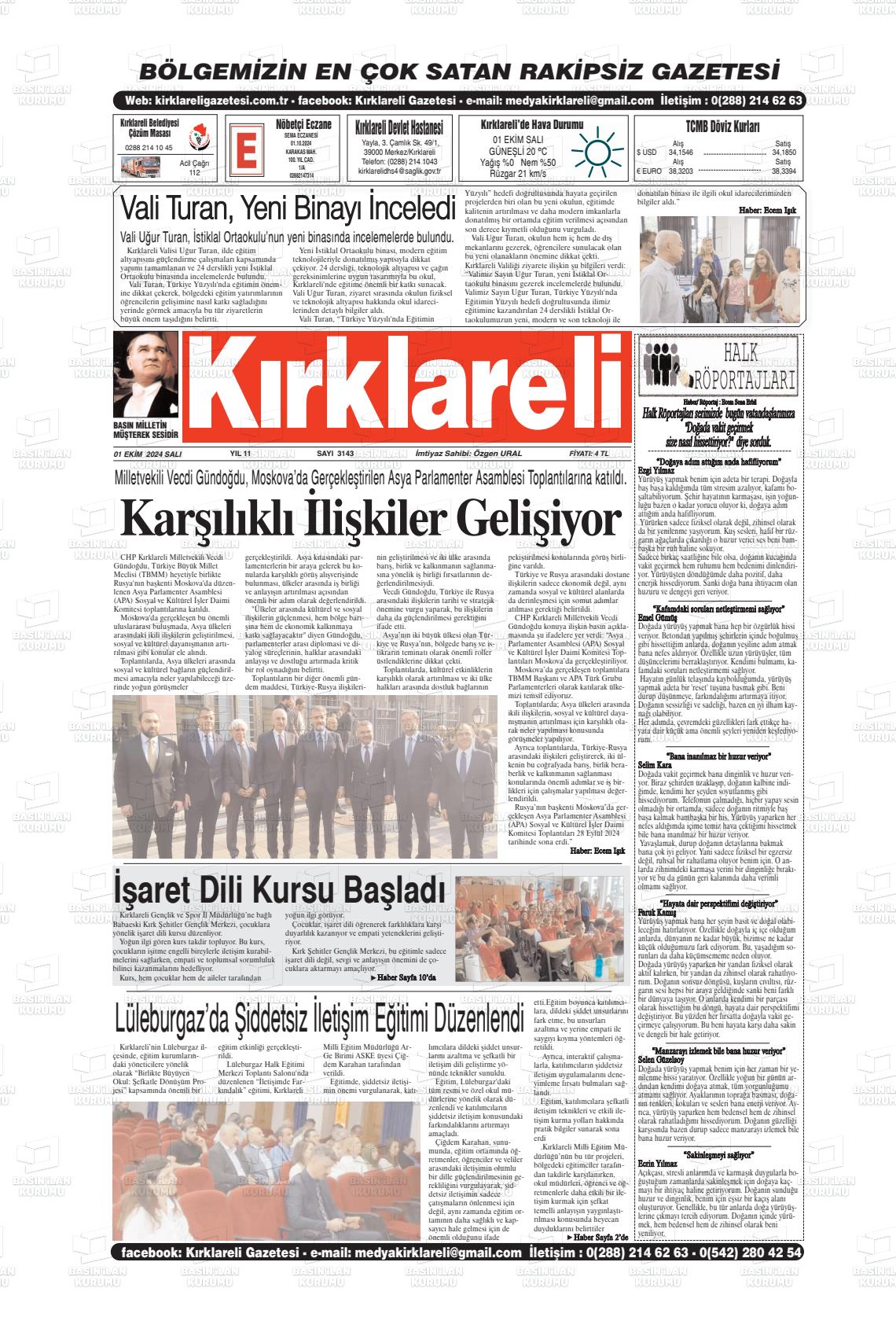 01 Ekim 2024 Kırklareli Gazete Manşeti